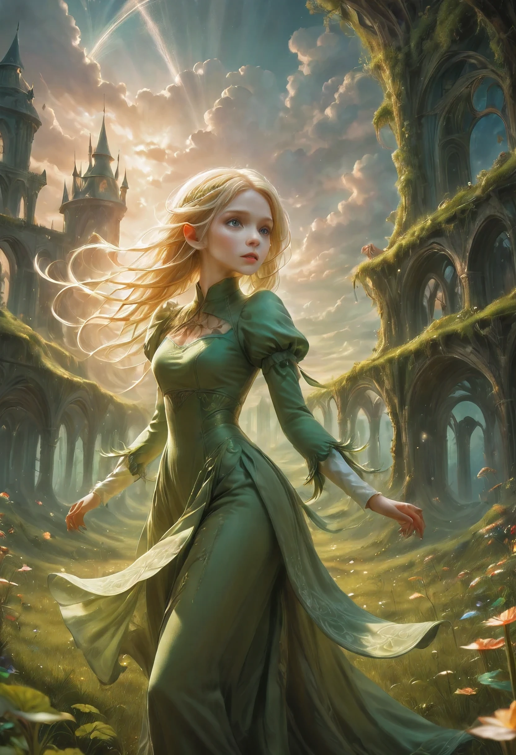 Create an enchanting and whimsical image of a eLEGANT elf girl with flowing blonde Hair, exploring the magical realm of Neverland. Picture her in a vibrant meadow surrounded by fantastical creatures, lost in this timeless and(( dreamlike world)). Capture the essence of innocence, fear, and the endless obstacles that unfold in the encasing landscapes of Neverland. | stunning detail, creative, cinematic, amazing composition, elegant, sad, fascinating, highly detailed, intricate, dynamic, beautiful, positive light, cute, engaging, new, enhanced,EpicLand,oil paint,6000, ruins,more detail XL,realistic,2b