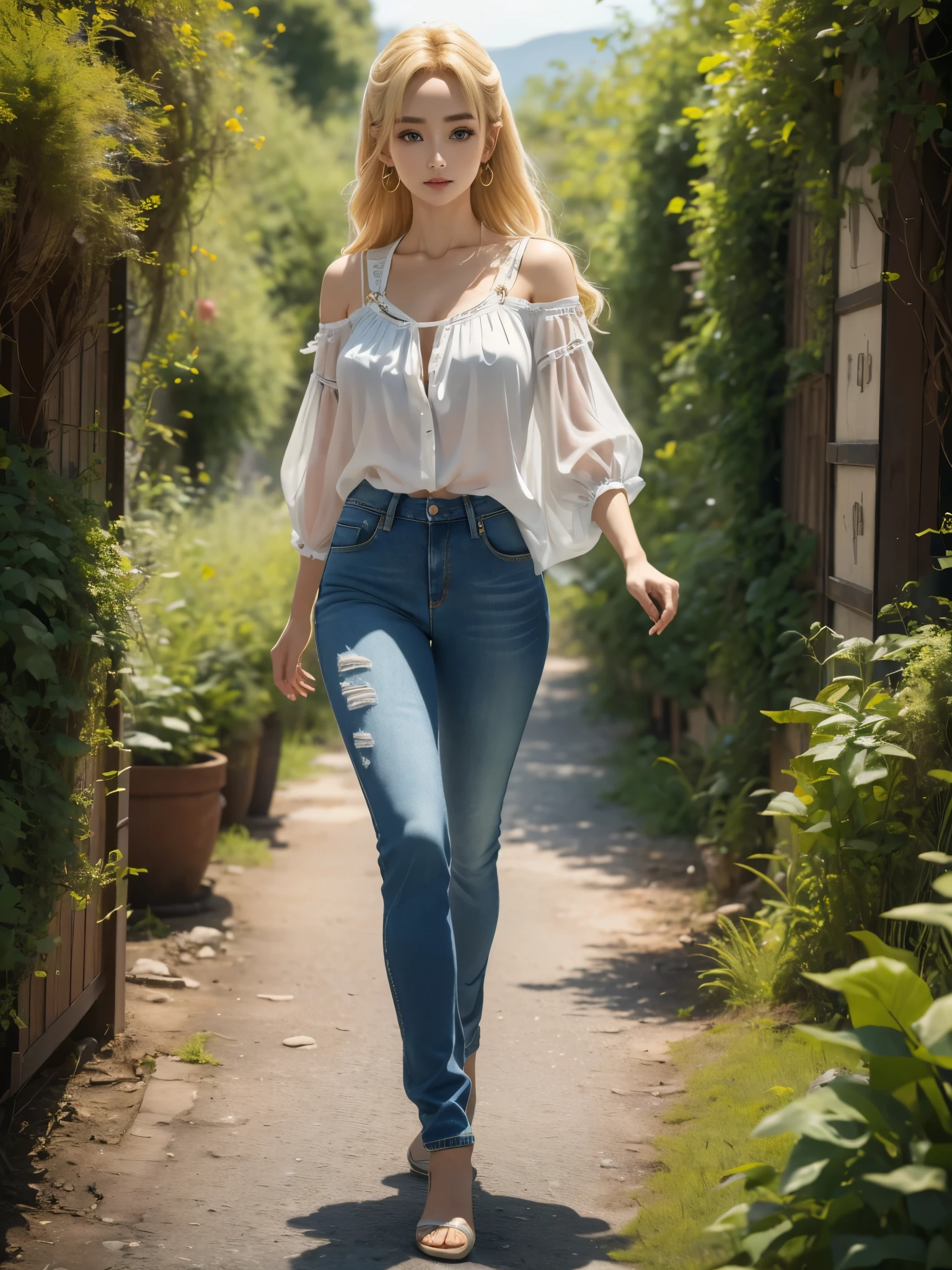 (best quality,4k,8k,highres,masterpiece:1.2),ultra-detailed, full body, standing up, blonde greek woman, yangmi, gyaru, blue eyes, blouse, jeans, facing viewer, HDR, 8k, absurdres, cinestill 800, sharp focus