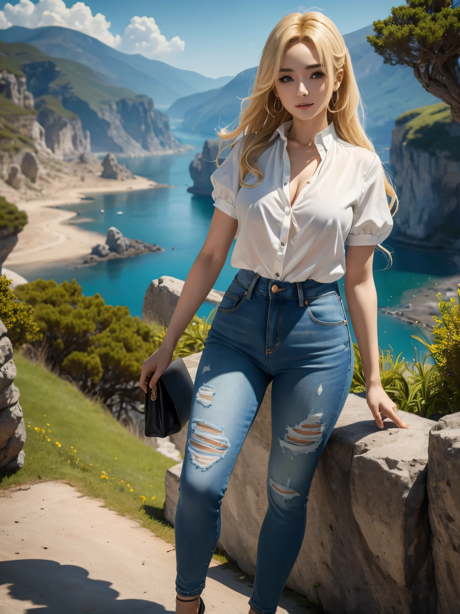 (best quality,4k,8k,highres,masterpiece:1.2),ultra-detailed, full body, standing up, blonde greek woman, yangmi, gyaru, blue eyes, blouse, jeans, facing viewer, HDR, 8k, absurdres, cinestill 800, sharp focus