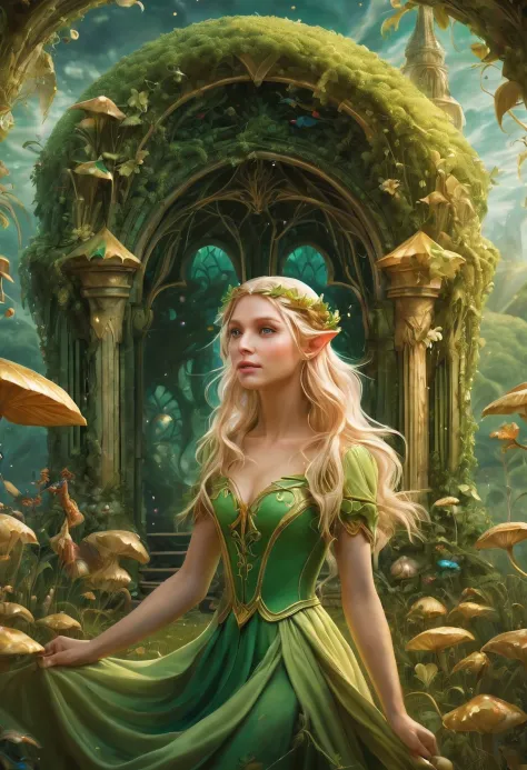 Create an enchanting and whimsical image of a eLEGANT elf girl with flowing blonde Hair, exploring the magical realm of Neverlan...