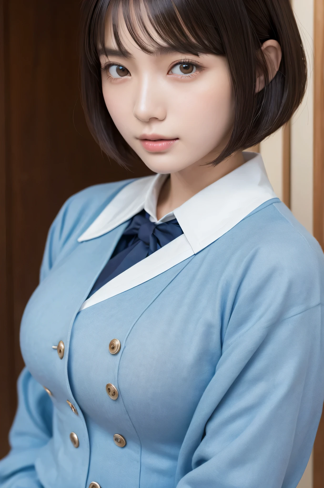 (bob cut:1.2),(wearing Japanesee school uniform:1.2),1 girl,Japanese,21 years old,(big breasts:1.3),(highest quality,masterpiece:1.3,ultra high resolution,),(Super detailed,caustics),(Photoreal:1.4,RAW shooting,)ultra-realistic capture,very detailed,High resolution 16K human skin close-up。 natural skin texture、,The pores are、、、Must be detailed enough to be easily identified。 Skin should look even-toned and healthy。 Use natural light and color,laughter,look at the camera,