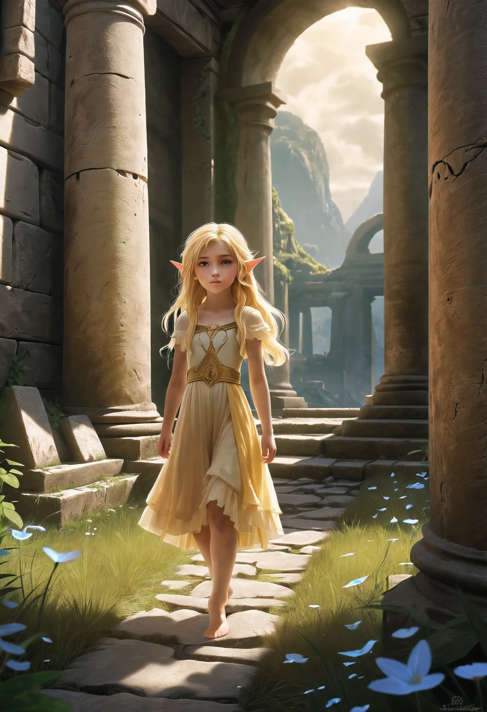 Create an enchanting and whimsical image of a eLEGANT elf girl with flowing blonde Hair, exploring the magical realm of Neverland. Picture her in a vibrant meadow surrounded by fantastical creatures, lost in this timeless and(( dreamlike world)). Capture the essence of innocence, fear, and the endless obstacles that unfold in the encasing landscapes of Neverland. | stunning detail, creative, cinematic, amazing composition, elegant, sad, fascinating, highly detailed, intricate, dynamic, beautiful, positive light, cute, engaging, new, enhanced,EpicLand,oil paint,6000, ruins,more detail XL,realistic,2b