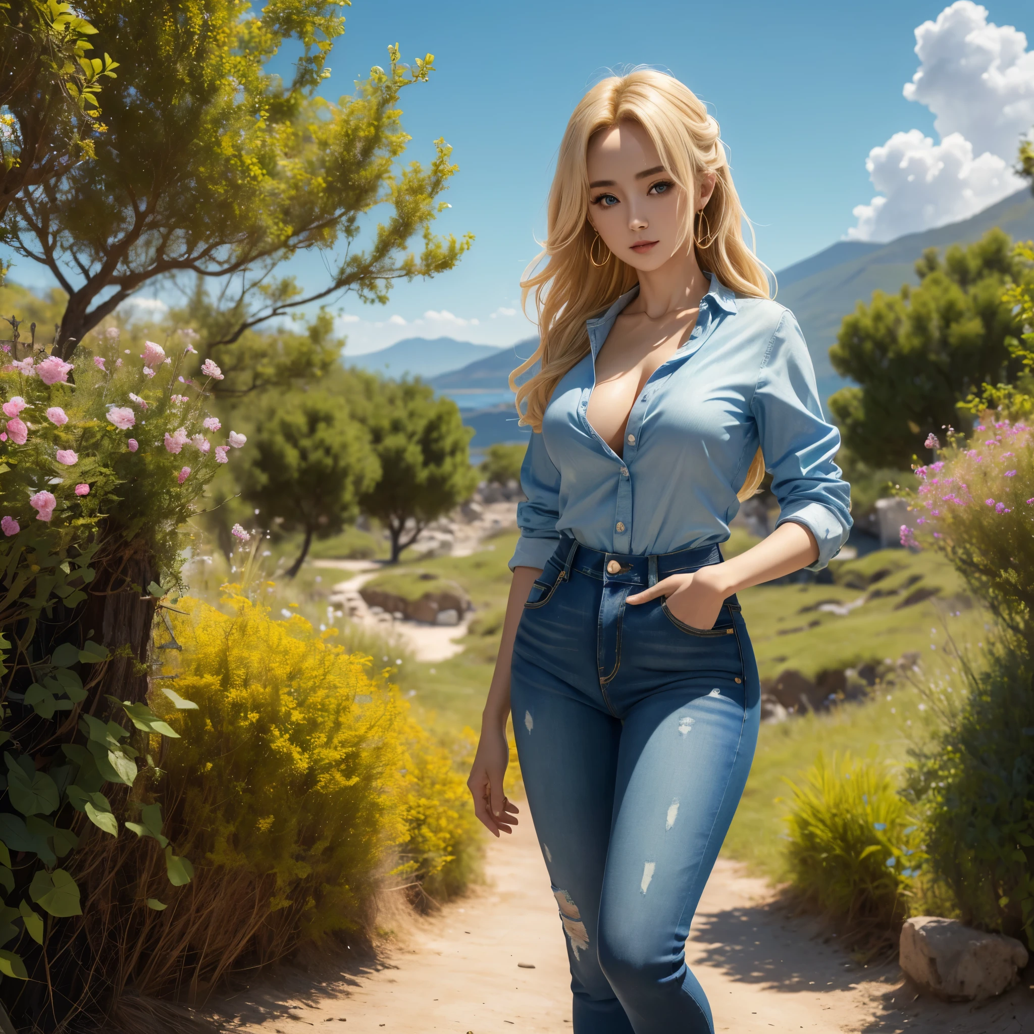 (best quality,4k,8k,highres,masterpiece:1.2),ultra-detailed, full body, standing up, blonde greek woman, yangmi, gyaru, blue eyes, blouse, jeans, facing viewer, HDR, 8k, absurdres, cinestill 800, sharp focus