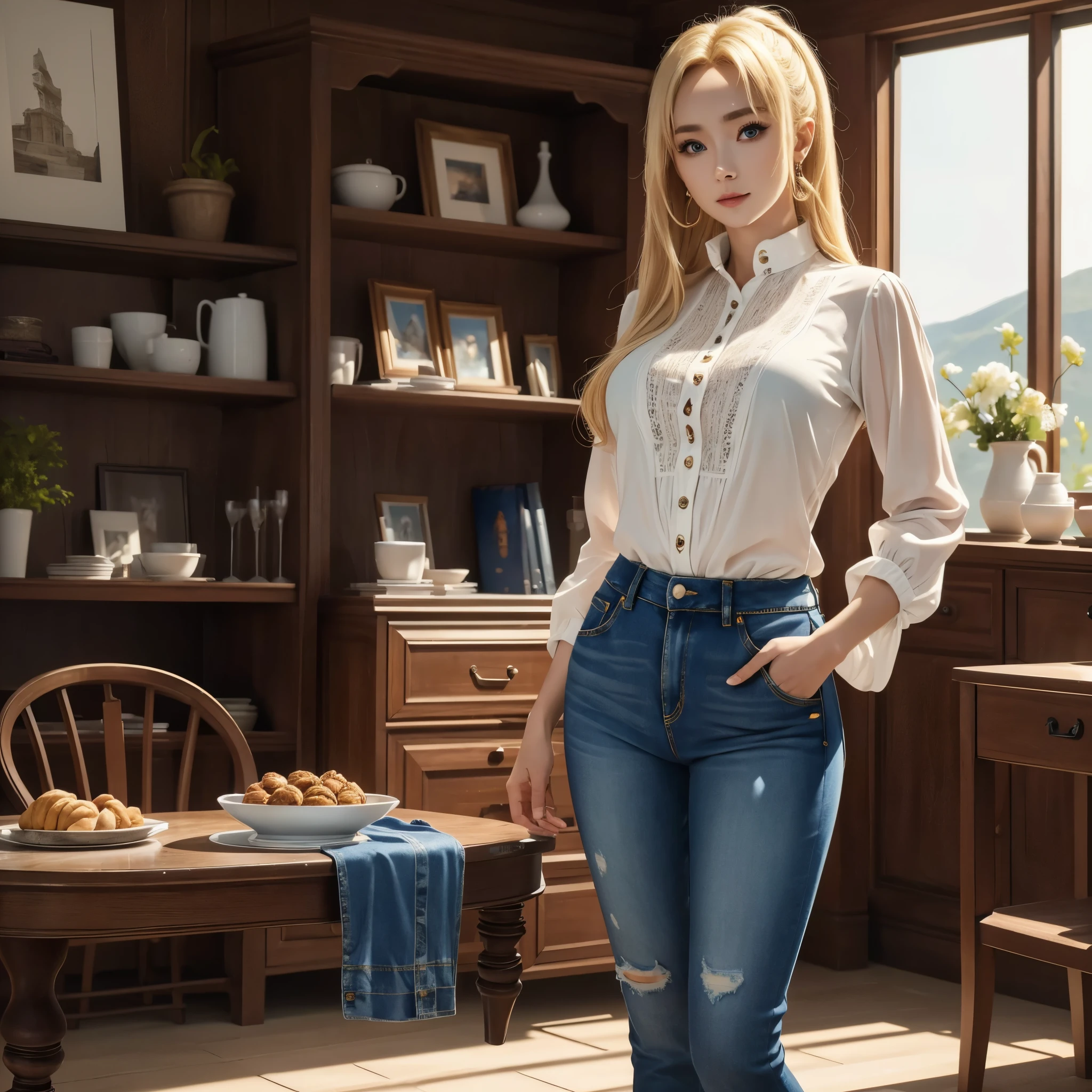 (best quality,4k,8k,highres,masterpiece:1.2),ultra-detailed, full body, standing up, blonde greek woman, yangmi, gyaru, blue eyes, blouse, jeans, facing viewer, HDR, 8k, absurdres, cinestill 800, sharp focus