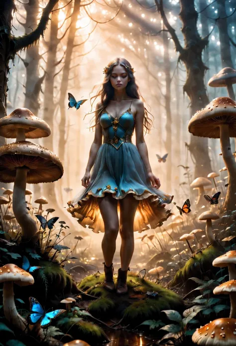 "golden hour photography, girl in the mystic mist, colossal mushroom, graceful butterflies, otherworldly magic, rule of thirds c...