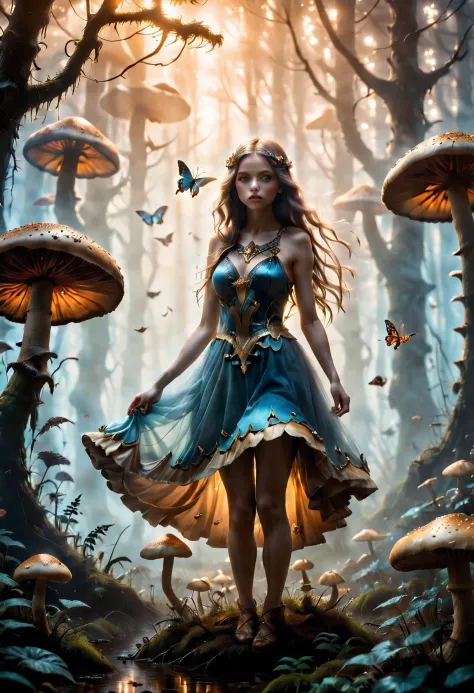 "Golden hour photography, girl in the mystic mist, colossal mushroom, graceful butterflies, otherworldly magic, rule of thirds c...