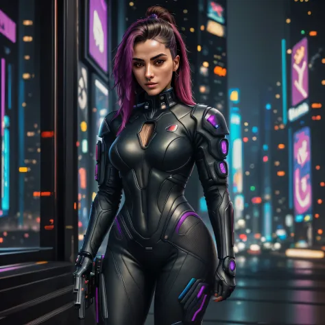 arafed woman in a black suit holding a gun in a city, cyberpunk judy alvarez, female cyberpunk, wojtek fus, female cyberpunk ani...