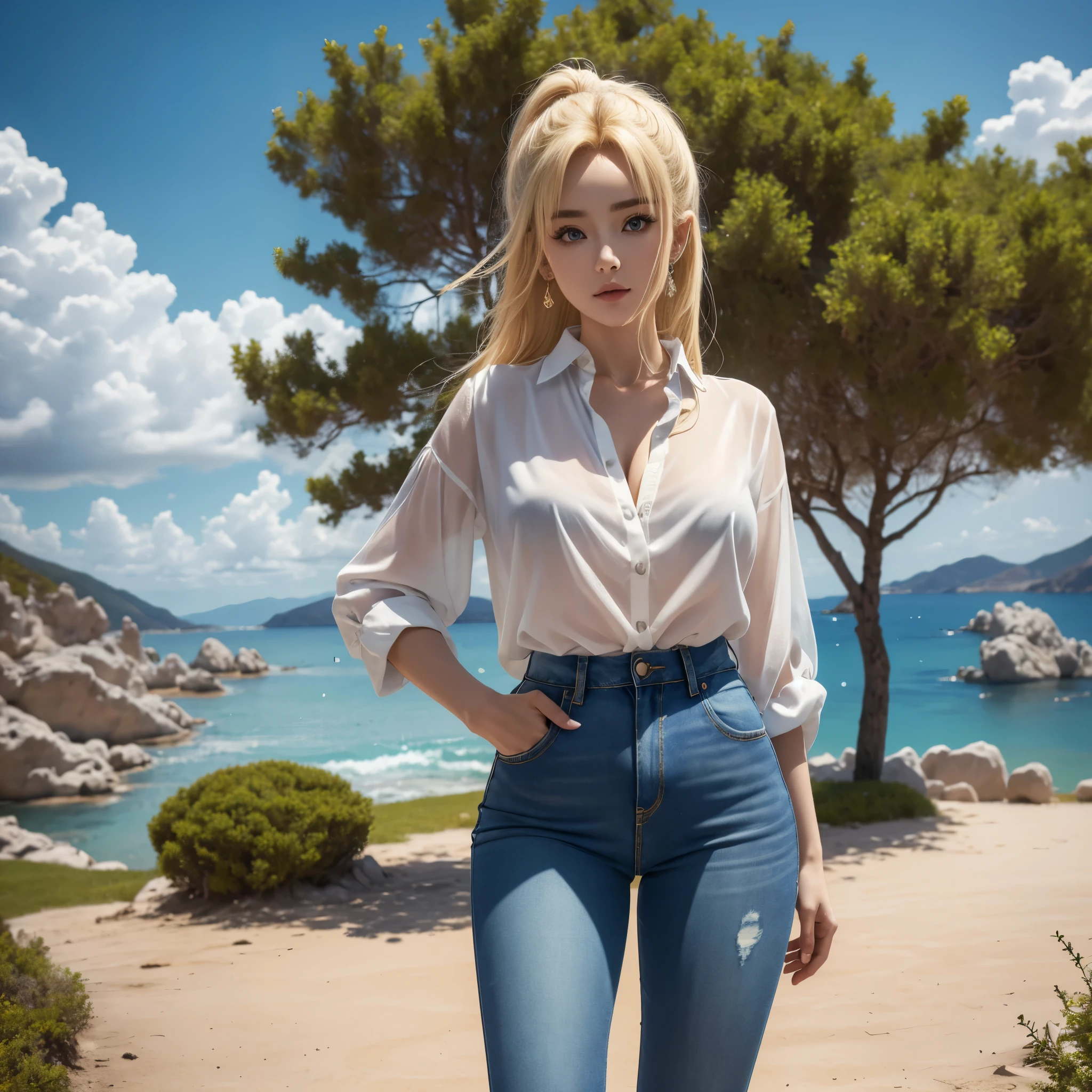 (best quality,4k,8k,highres,masterpiece:1.2),ultra-detailed, full body, standing up, blonde greek woman, yangmi, gyaru, blue eyes, blouse, jeans, facing viewer, HDR, 8k, absurdres, cinestill 800, sharp focus