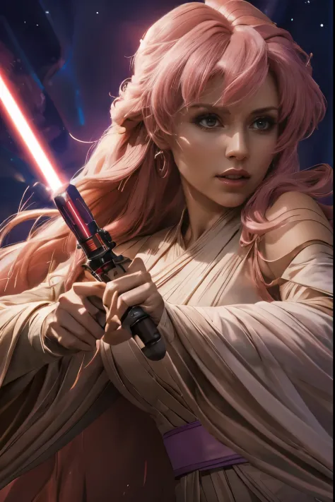 "(best quality,highres),sexy female jedi knight,beautiful detailed eyes, long pink hair, long eyelashes light tan robe, holding ...