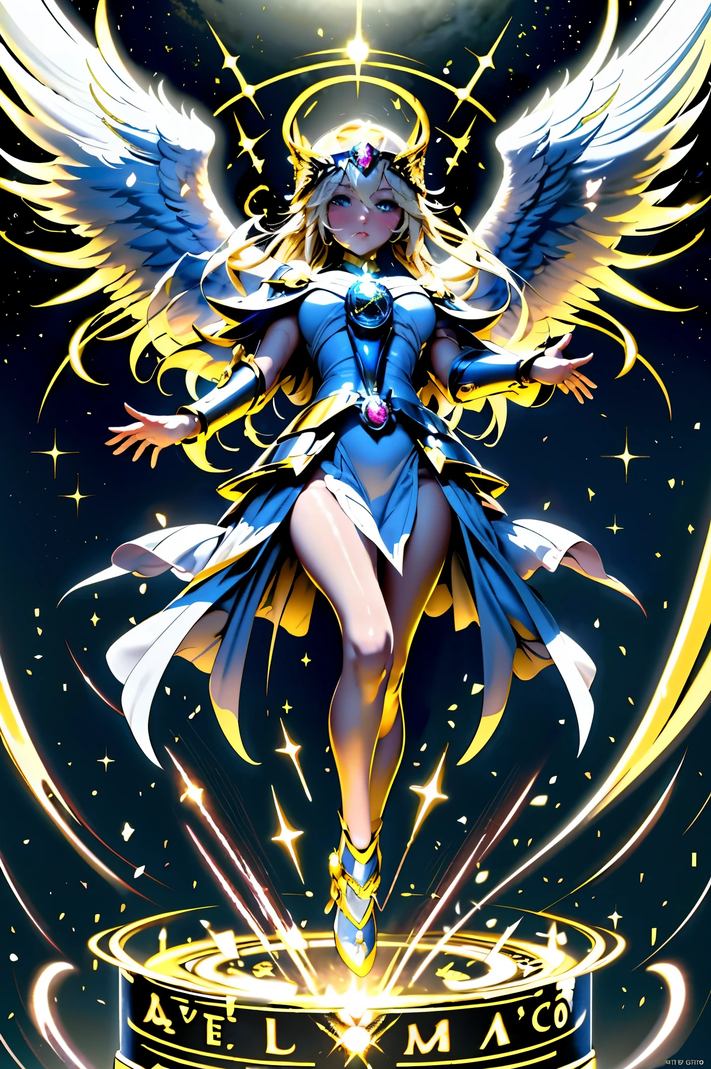 masterpiece, (The best quality:1.2), [:intricate details:0.2], 1girl, big breasts, angel, angel wings, white ruffles, (daytime sky), Brilliant aura, intense concentration, crackling energy, mysterious symbols, bright specks,