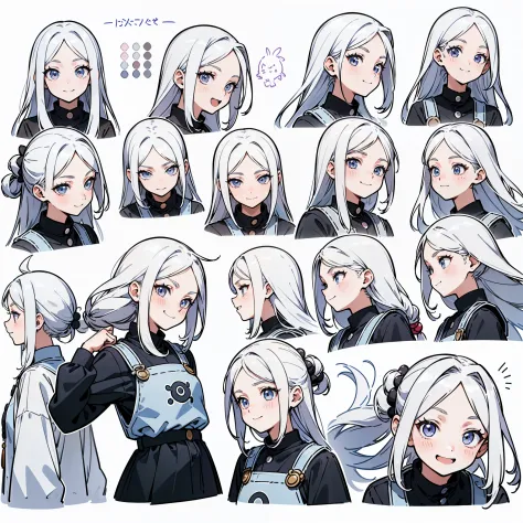 21 years old, white hair girl, Armpit length hair (((smile, Frivolous face, excited face, excited face))) Jeans and tight top, ((Odango hairstyle)) (((Detailed Character Sheet, Front view, Side view, three quarter view))) (((white background)))