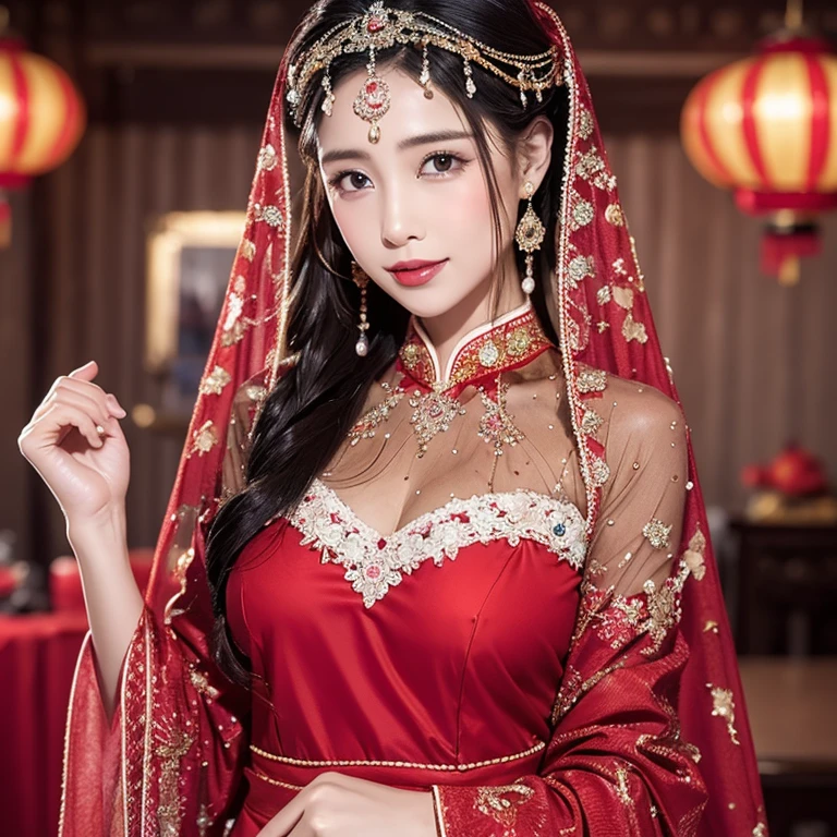 （（（Eyes are very delicate）））（（（hair accessories）））（（（veil（24））））（（（veil））），necklace，Wearing a red transparent sexy silk dress， ((skin glowing))The room  filled with Chinese New Year decorationasterpiece）））， （（best quality））， （（intricate details））， （（Surreal））（8K）