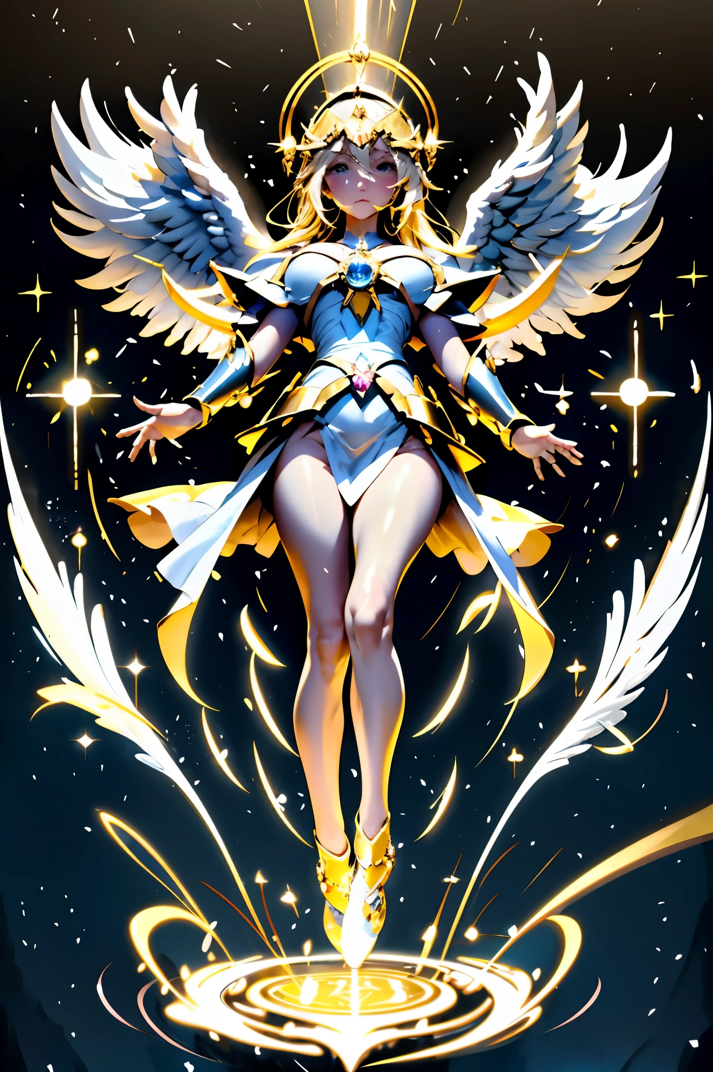 masterpiece, (The best quality:1.2), [:intricate details:0.2], 1girl, big breasts, angel, angel wings, white ruffles, (daytime sky), Brilliant aura, intense concentration, crackling energy, mysterious symbols, bright specks,