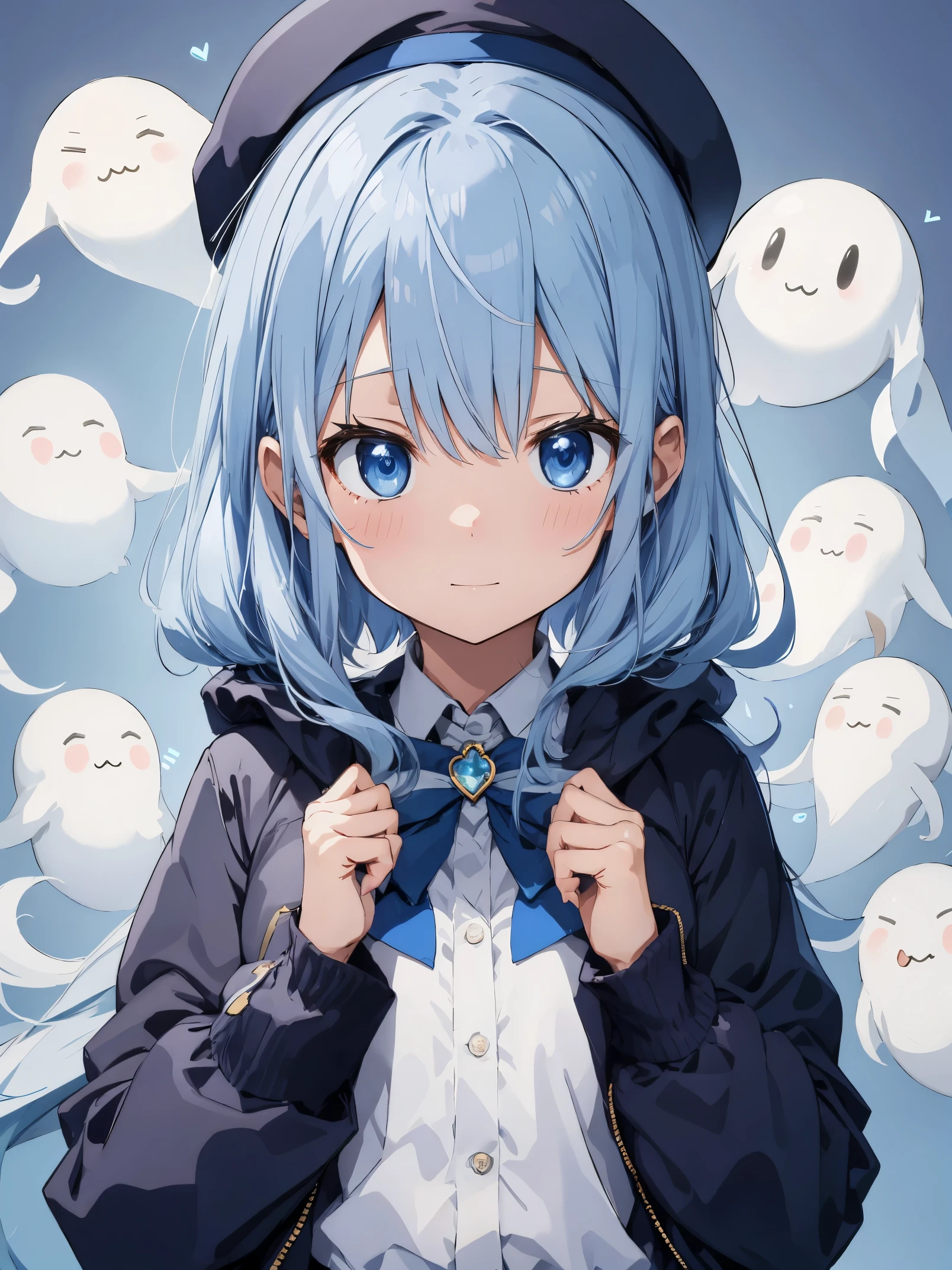 Furina, 1 girl, alone, long hair, looking at the viewer, blush, blue eyes background, gloves, long sleeves, have, white background, jewelry, :3, blue hair, Jacket, upper body whole body, Ahoge, gray hair, heart, striped hair, pupil in the shape of a symbol, blue Jacket, brooch, blue hat, top have、Many cute ghosts in the background