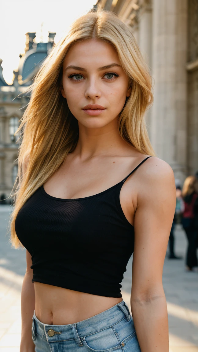 photographie d&#39;une femme devant le Louvre (expression faciale sympathique), peau texturée, chair de poule, cheveux blonds mi-hauts mi-bas, porter un short sexy et un t-shirt noir, corps parfait,peu sexy mais classe, yeux parfaits, ((éclairage dur:1.4)), Velvia 100 couleur, tourné sur CineStill 800T, bokeh, haut du corps photographié par Manuela Marques