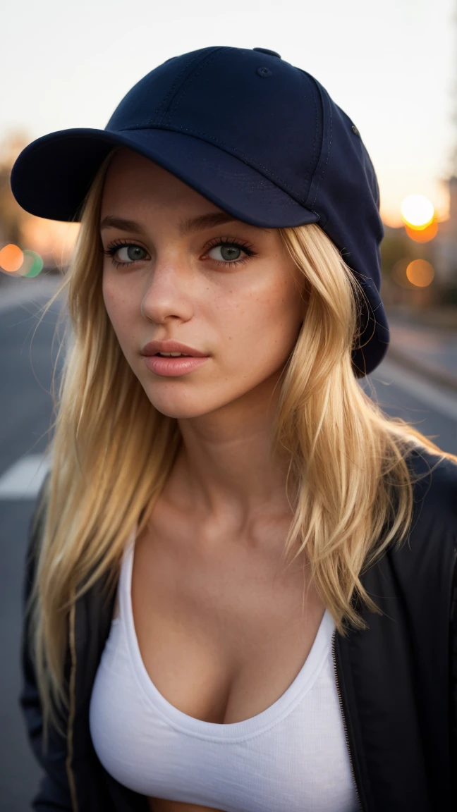 fotografía de una mujer en una calle vacía (expresión facial comprensiva), piel texturizada, Piel de gallina, cabello rubio medio recogido y medio suelto, vistiendo chaqueta y gorra de atleta,  cuerpo perfecto,Un poco sexy pero con clase, ojos perfectos, su puesta de sol ((Iluminación dura:1.4)), Velvia 100 color, filmada con CineStill 800T, bokeh, Plano amplio de la parte superior del cuerpo de Manuela Marques