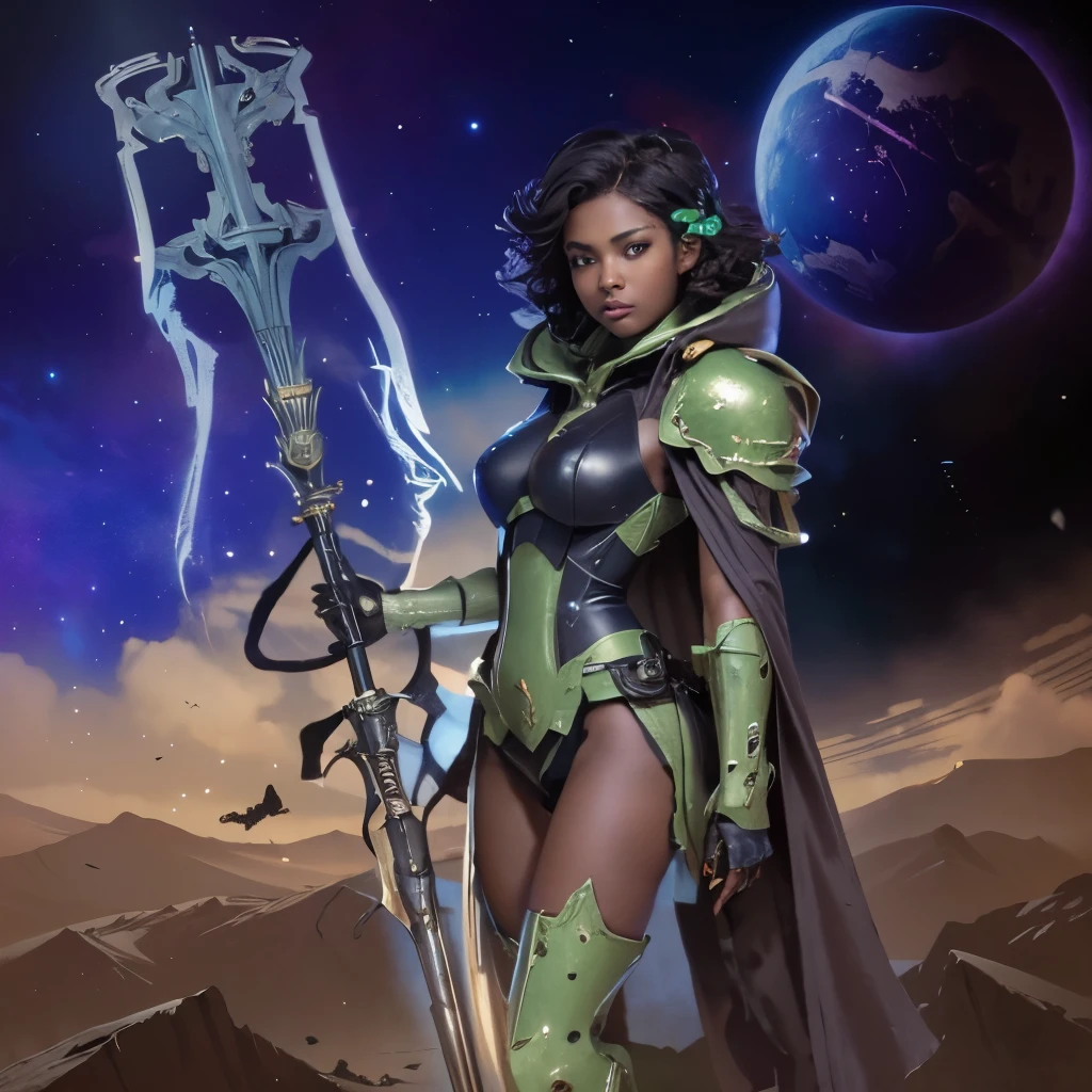 Grimdark, Warhammer 40K, full body capture, ultrarealist, Black Girl (Brown skin, green eyes, fine nose loose hair, short hair, shaved on one face, dark lips, corner smile), Wearing Howling banshee armor, grey armor, Sticky Black bodysuit, wearing techpriest outfit (grey armor finition gold, open dress, cape with hood, pipes go outside temporal lobe), Handing a magical staff (roman aquila symbol,  Adeptus Astarte symbol, WH40K, pipe around the stick), Cosmos Background (planets, a starship, battlefield), looking camera, focus on character, blurred, By Artgerm, trends Artstation, Techpriest