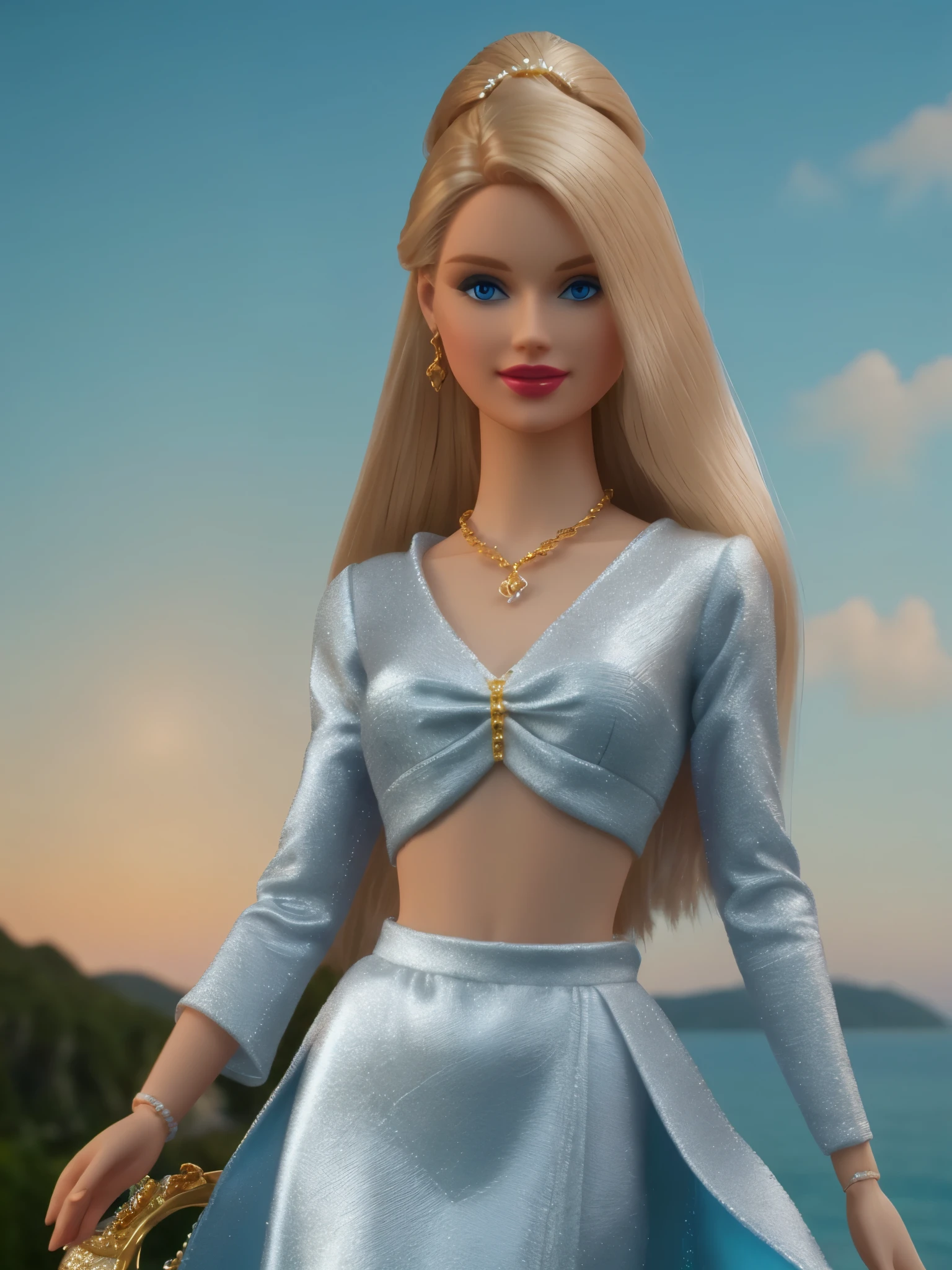 Barbie doll with blonde hair and blue dress standing on a beach - SeaArt AI