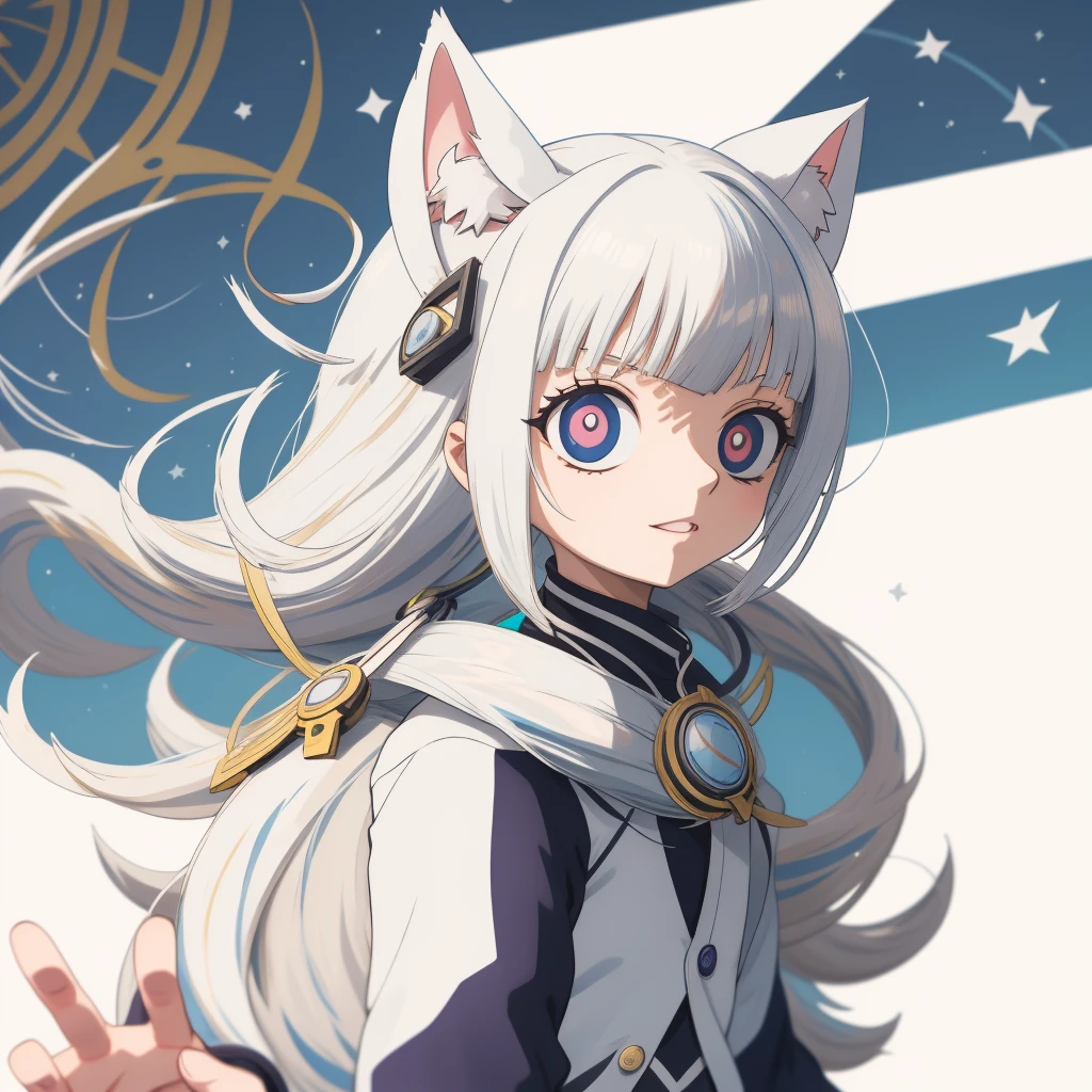 fille d'anime avec des écouteurs et une cravate, style artistique anime moe, style anime plat shading,  Chat blanc, style anime plat, style animé, style animé 2D, animé stylisé, perfect cheveux blancs girl, style artistique inconnu, cheveux blancs, Fille d'anime avec des oreilles de chat, courir, une fille loup,  aux cheveux blancs, changer