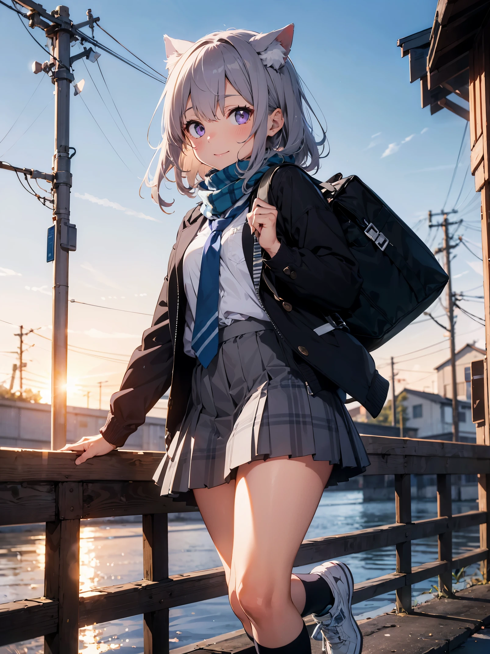 Chica anime en uniforme escolar posando en un puente con una mochila. -  SeaArt AI