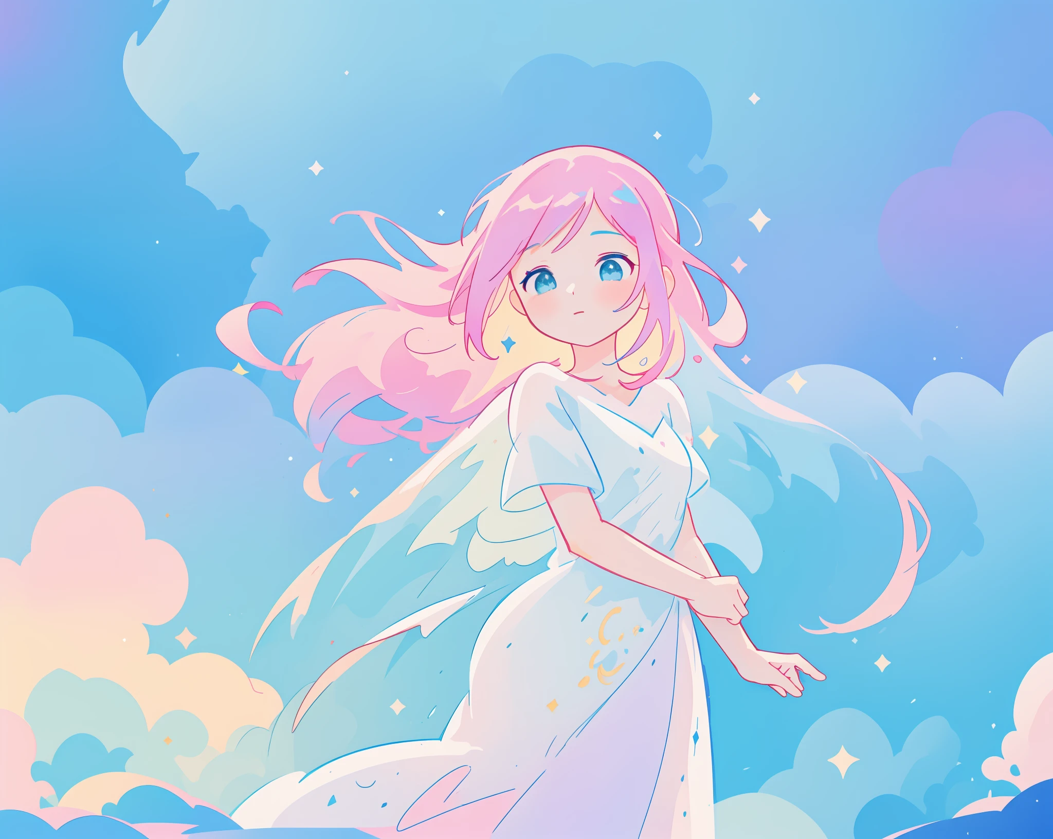 beautiful girl in flowing white dress, vibrant pastel colors, (colorful), magical lights, long flowing colorful pink hair, otherworldly aqua and blue landscape background, inspired by Glen Keane, inspired by Lois van Baarle, disney art style, by Lois van Baarle, glowing aura around her, by Glen Keane, jen bartel, glowing lights! digital painting, flowing glowing hair, glowing flowing hair, beautiful digital illustration, fantasia background, whimsical, magical, fantasy, beautiful face, ((masterpiece, best quality)), intricate details, highly detailed, sharp focus, 8k resolution, sparkling detailed eyes, liquid watercolor