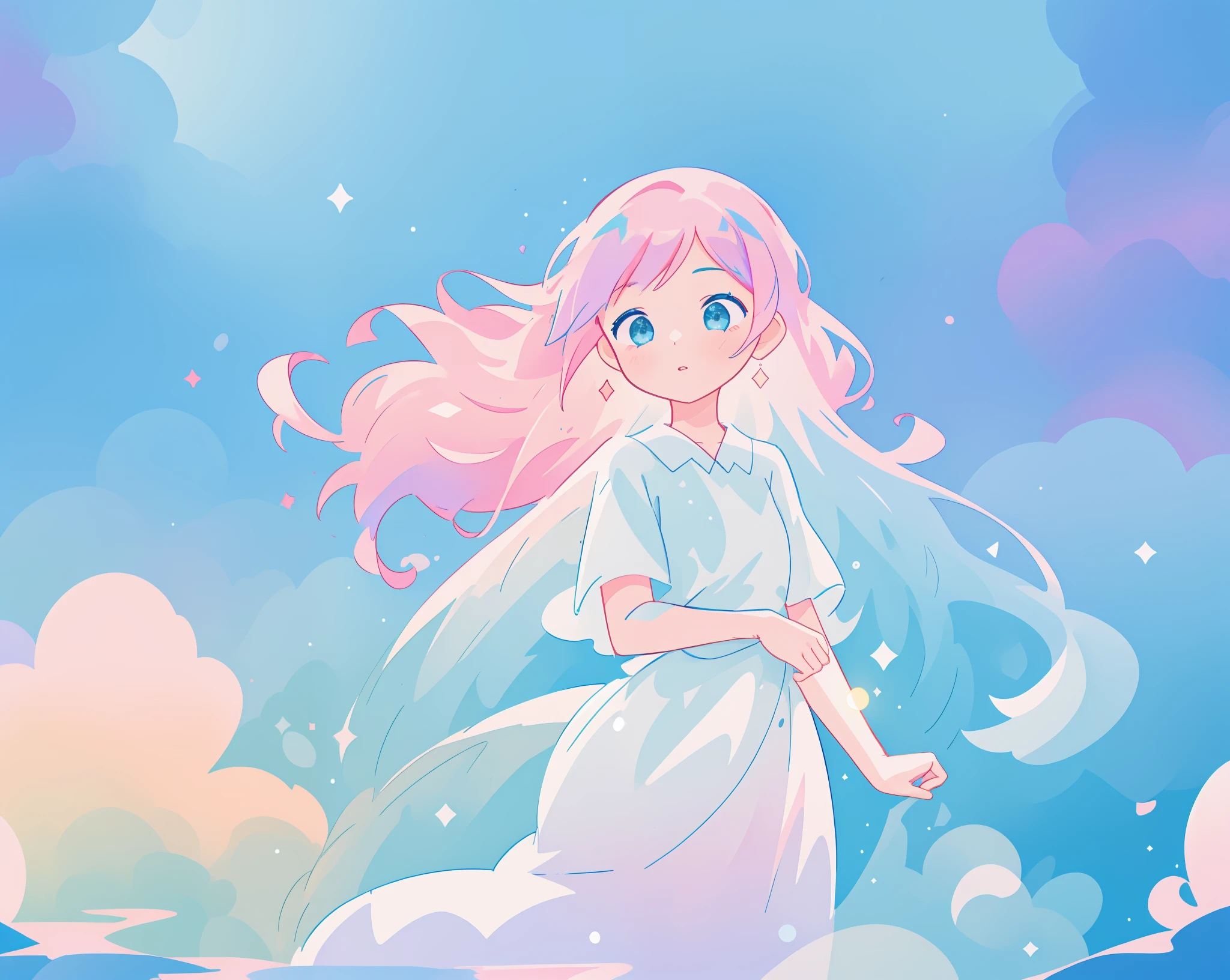 beautiful girl in flowing white dress, vibrant pastel colors, (colorful), magical lights, long flowing colorful pink hair, otherworldly aqua and blue landscape background, inspired by Glen Keane, inspired by Lois van Baarle, disney art style, by Lois van Baarle, glowing aura around her, by Glen Keane, jen bartel, glowing lights! digital painting, flowing glowing hair, glowing flowing hair, beautiful digital illustration, fantasia background, whimsical, magical, fantasy, beautiful face, ((masterpiece, best quality)), intricate details, highly detailed, sharp focus, 8k resolution, sparkling detailed eyes, liquid watercolor