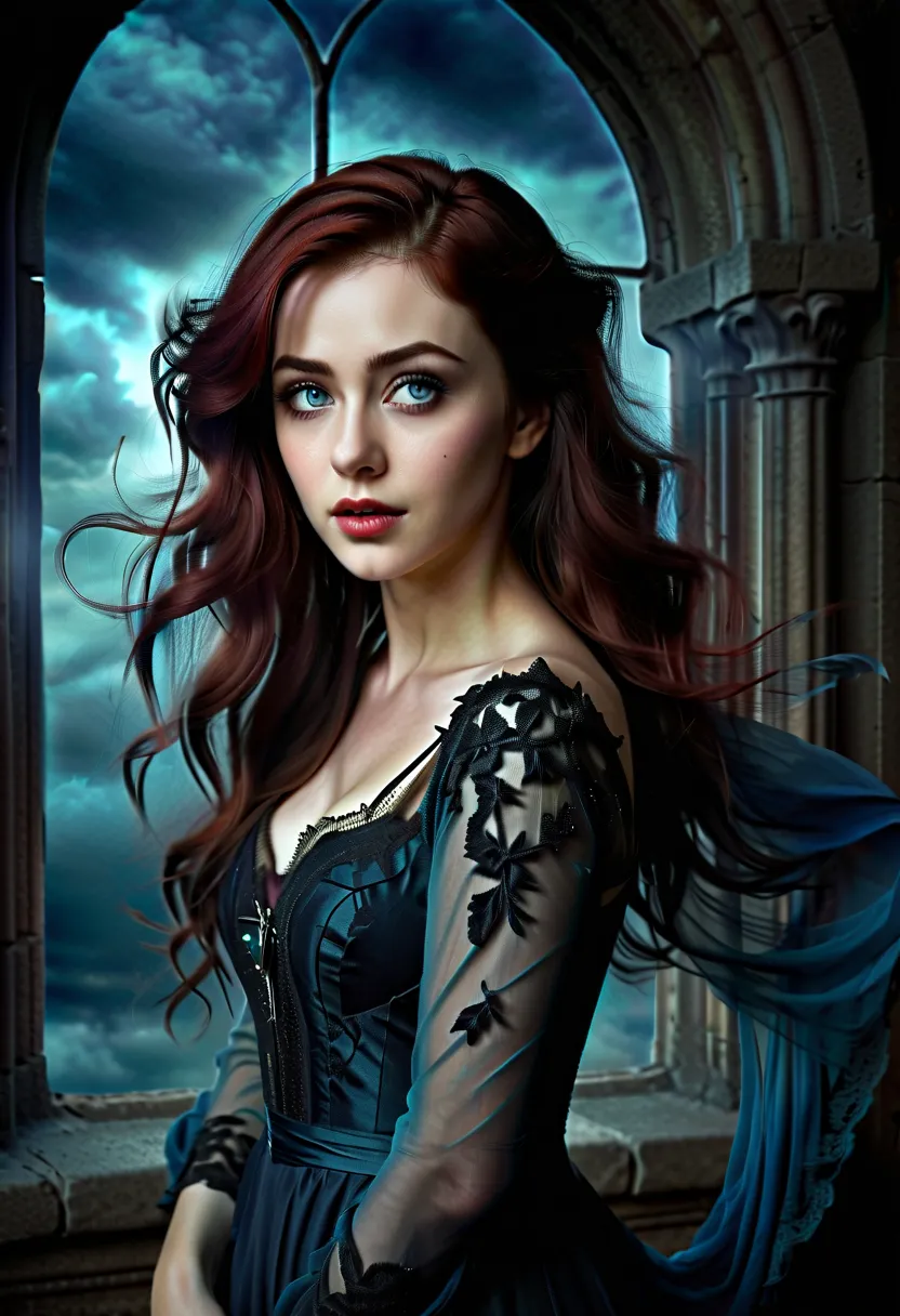 A young beautiful girl with delicate flawless skin, long curly red hair, blue eyes, wearing a blue Victorian dress with red acce...