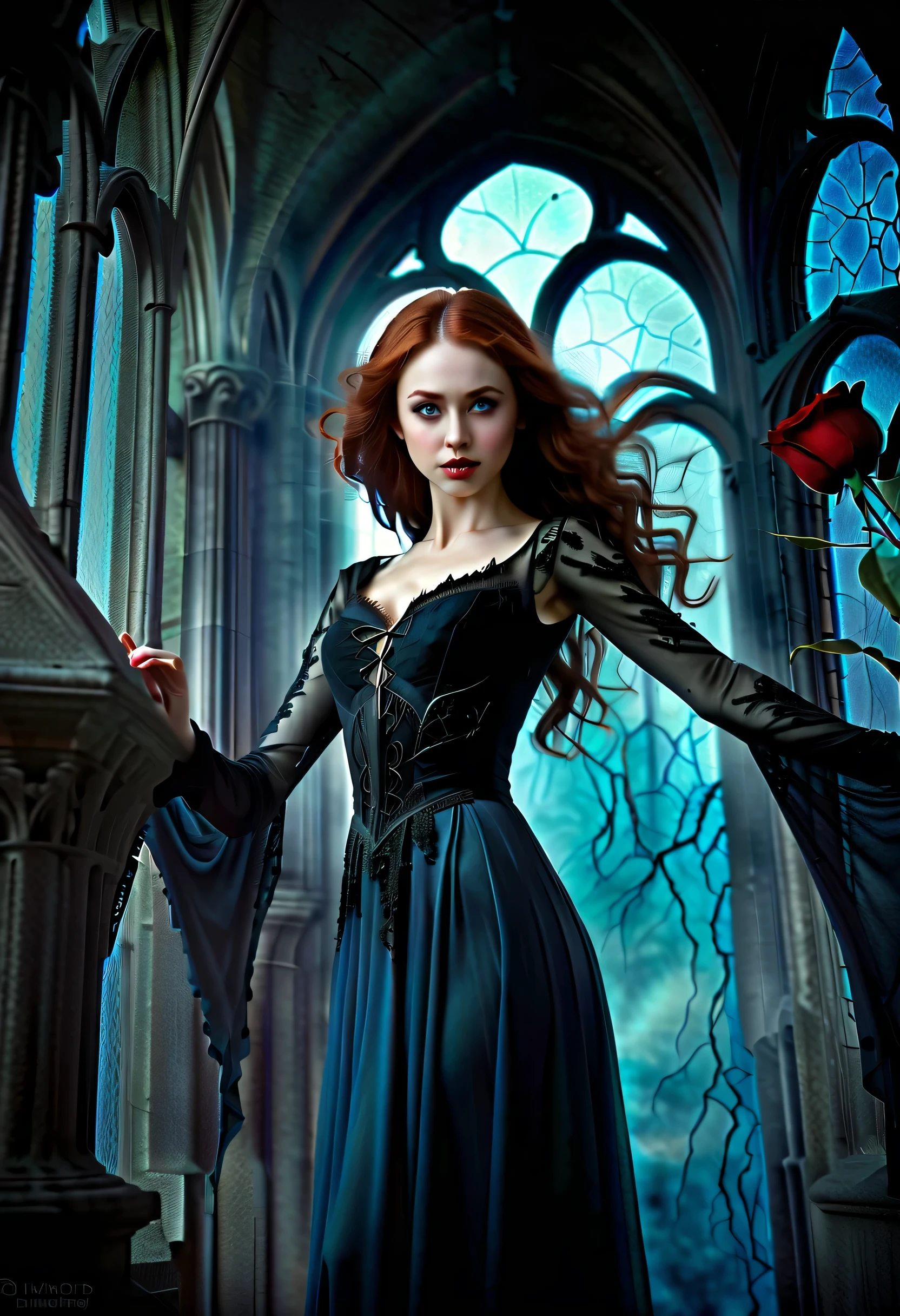 A young beautiful girl with delicate flawless skin, long curly red hair, blue eyes, wearing a blue Victorian dress with red accents and lace. the background is the interior of an old Gothic church in semi-darkness, the only light comes from the moon whose rays fall through the stained glass window, illuminating the girl's face. dust particles illuminated by the moon give a dark atmosphere, Gothic art, Baroque, Realism, depth of field, backlighting, highres, 16k, best quality, high quality, textured skin, Vampire Princess, 18years old, breathtakingly beautiful, (blue eyes high quality, masterpiece:1.2), ultra-detailed, (realistic, photo-realistic:1.37), softly glowing pale skin, pure blooded, porcelain-like complexion, elegant and refined features, graceful posture, dark and mysterious atmosphere, gothic fashion, flowing black lace dress, touch of red in her clothes, dainty silver jewelry with ruby accents, subtle yet captivating smile, slightly pointed canines, translucent wings resembling bat wings, subtle shimmering effect on her wings, gardens filled with blooming blood roses, vivid red petals contrasted with the darkness, enchanting moonlit night, dark and hauntingly beautiful castle in the background, splashes of moonlight illuminating her ethereal beauty, dark shadows and dramatic lighting, icy stare that freezes the hearts of those who dare to meet her gaze, air of authority and power, symbol of both danger and allure, night sky filled, photorealistic, Realism, Gothic art, Romanticism, cinematic lighting, 4k, 8k, highres, UHD