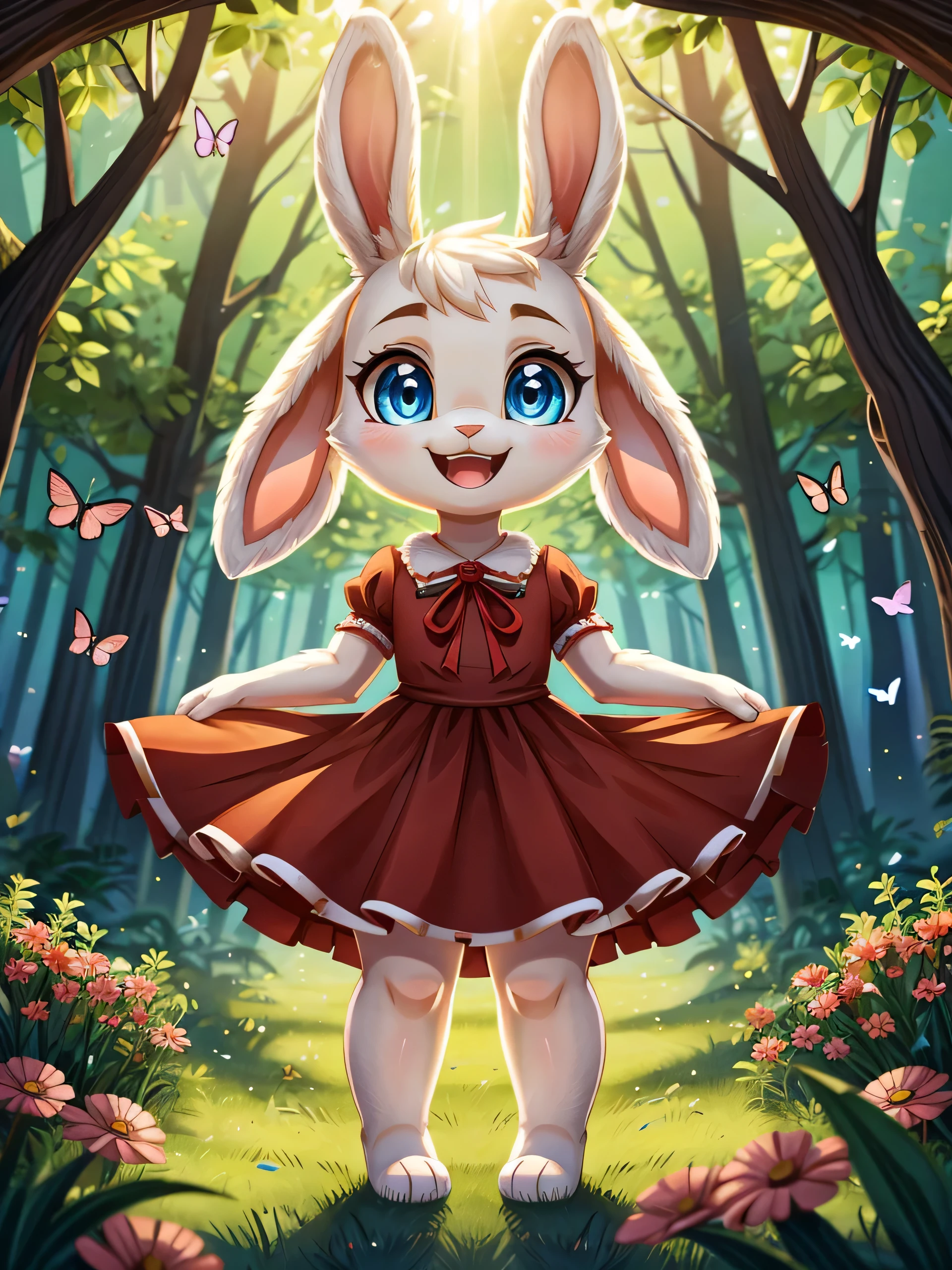 zoomed out image, cute style art, fantasy style art, cute, adorable, short character, small, tiny little fluffy female white bunny with blue eyes, 4 ears, 2 extra ears, big floppy ears, long ears, ears perked up, raised ears, long eyelashes, poofy rabbit tail, wearing a red frilly ribbon dress, smiling, standing in a colorful fantasy forest, soft tones, big expressive smile, open mouth, wide eyes, excited eyes, excited face, stunning visuals, sunlight coming through the trees, flowers scattered in the bushes, butterflies in the air, digital illustration