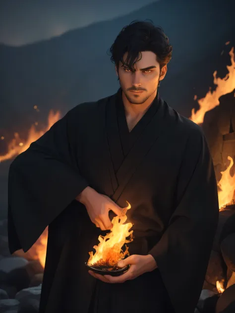 young man with dark hair, fire mage, (glare of fire on the face),dark stone wall in the background, a man holds flames in his ha...