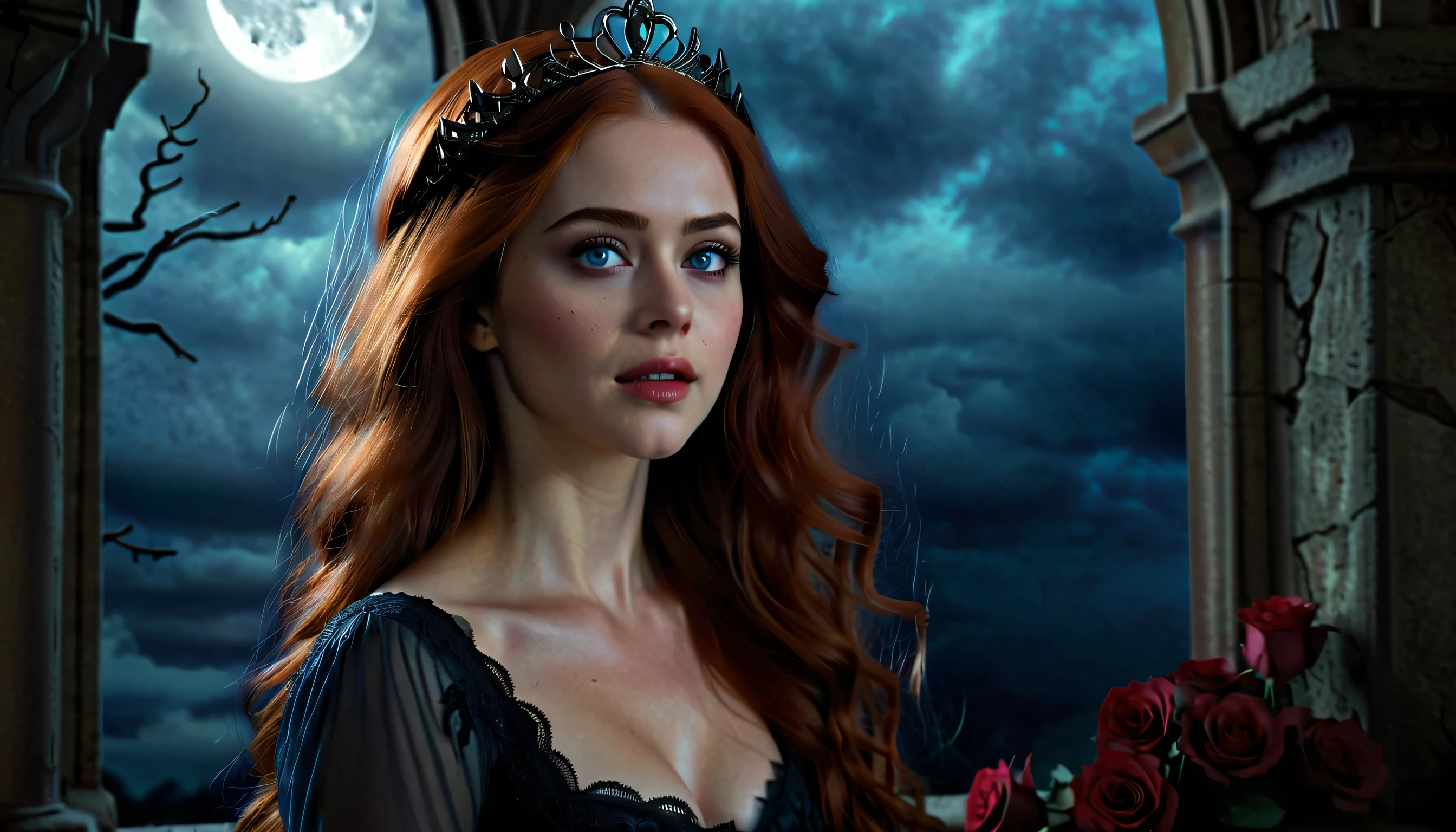 A young beautiful girl with delicate flawless skin, long curly red hair, blue eyes, wearing a blue Victorian dress with red accents and lace. the background is the interior of an old Gothic church in semi-darkness, the only light comes from the moon whose rays fall through the stained glass window, illuminating the girl's face. dust particles illuminated by the moon give a dark atmosphere, Gothic art, Baroque, Realism, depth of field, backlighting, highres, 16k, best quality, high quality, textured skin, Vampire Princess, 18years old, breathtakingly beautiful, (blue eyes high quality, masterpiece:1.2), ultra-detailed, (realistic, photo-realistic:1.37), softly glowing pale skin, pure blooded, porcelain-like complexion, elegant and refined features, graceful posture, dark and mysterious atmosphere, gothic fashion, flowing black lace dress, touch of red in her clothes, dainty silver jewelry with ruby accents, subtle yet captivating smile, slightly pointed canines, translucent wings resembling bat wings, subtle shimmering effect on her wings, gardens filled with blooming blood roses, vivid red petals contrasted with the darkness, enchanting moonlit night, dark and hauntingly beautiful castle in the background, splashes of moonlight illuminating her ethereal beauty, dark shadows and dramatic lighting, icy stare that freezes the hearts of those who dare to meet her gaze, air of authority and power, symbol of both danger and allure, night sky filled, photorealistic, Realism, Gothic art, Romanticism, cinematic lighting, 4k, 8k, highres, UHD