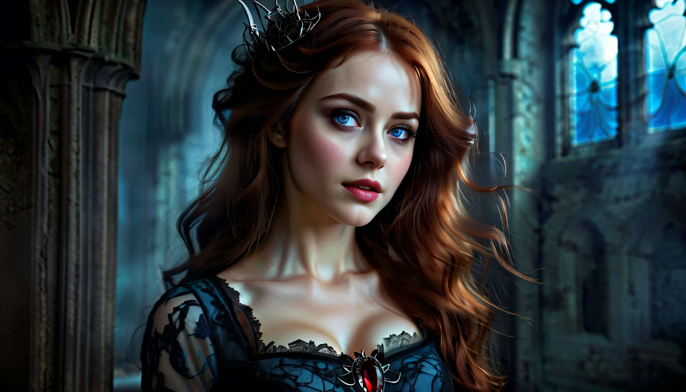 A young beautiful girl with delicate flawless skin, long curly red hair, blue eyes, wearing a blue Victorian dress with red accents and lace. the background is the interior of an old Gothic church in semi-darkness, the only light comes from the moon whose rays fall through the stained glass window, illuminating the girl's face. dust particles illuminated by the moon give a dark atmosphere, Gothic art, Baroque, Realism, depth of field, backlighting, highres, 16k, best quality, high quality, textured skin, Vampire Princess, 18years old, breathtakingly beautiful, (blue eyes high quality, masterpiece:1.2), ultra-detailed, (realistic, photo-realistic:1.37), softly glowing pale skin, pure blooded, porcelain-like complexion, elegant and refined features, graceful posture, dark and mysterious atmosphere, gothic fashion, flowing black lace dress, touch of red in her clothes, dainty silver jewelry with ruby accents, subtle yet captivating smile, slightly pointed canines, translucent wings resembling bat wings, subtle shimmering effect on her wings, gardens filled with blooming blood roses, vivid red petals contrasted with the darkness, enchanting moonlit night, dark and hauntingly beautiful castle in the background, splashes of moonlight illuminating her ethereal beauty, dark shadows and dramatic lighting, icy stare that freezes the hearts of those who dare to meet her gaze, air of authority and power, symbol of both danger and allure, night sky filled, photorealistic, Realism, Gothic art, Romanticism, cinematic lighting, 4k, 8k, highres, UHD