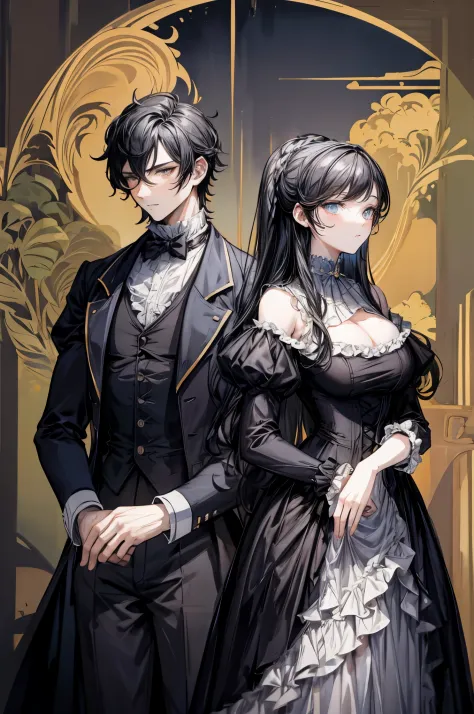 (flat color:1.1),(masterpiece:1.2), best quality, masterpiece, original, black silhouette figures of a regency man and woman