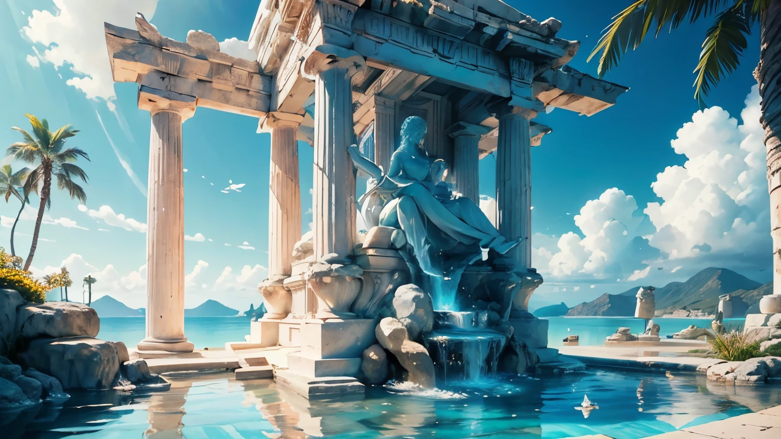 (best quality,4k,8k,highres,masterpiece:1.2),ultra-detailed,(realistic,photorealistic,photo-realistic:1.37),pool bath in a white Greek temple,shimmering sunlight,serene atmosphere,sparkling water,glistening surface,crystal clear reflections,white marble columns,tropical plants,palm trees waving in the gentle breeze,cool shadows,calm and inviting,tranquil paradise,greek mythology legends,pure white clouds floating in the blue sky,vivid colors,picturesque landscape,peaceful tranquility.