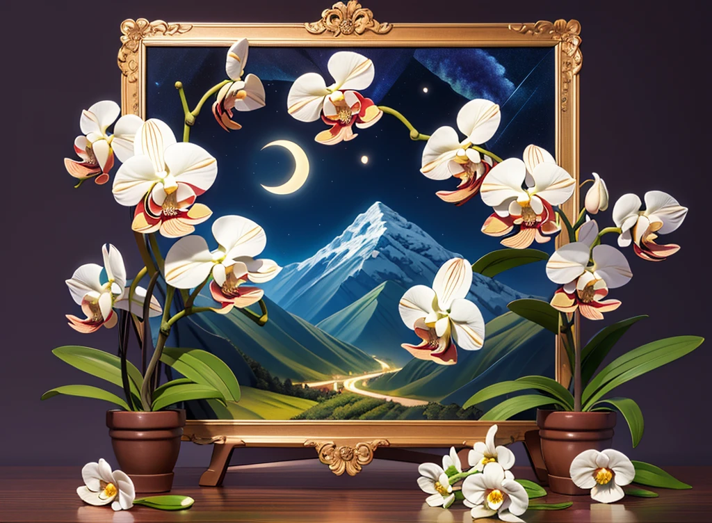 white Орхидея、Орхидея、стиль живописи、масло、фон горалунная ночь