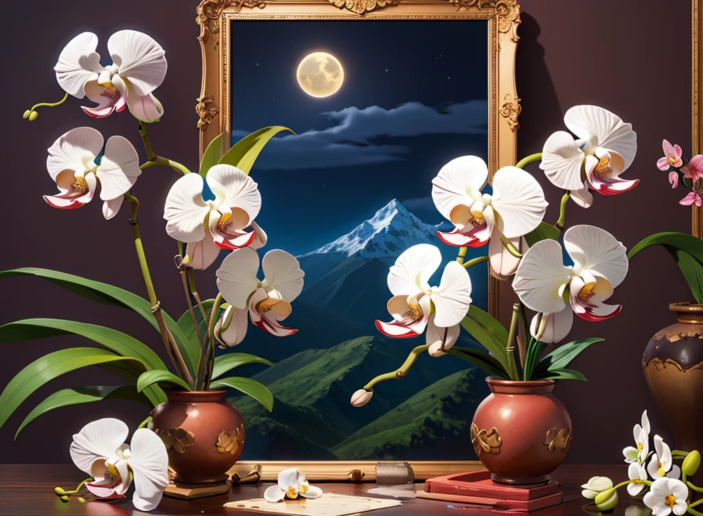 white زهرة الأوركيد、زهرة الأوركيد、أسلوب الرسم、زيت、الخلفية الجبلية ضوء الليل