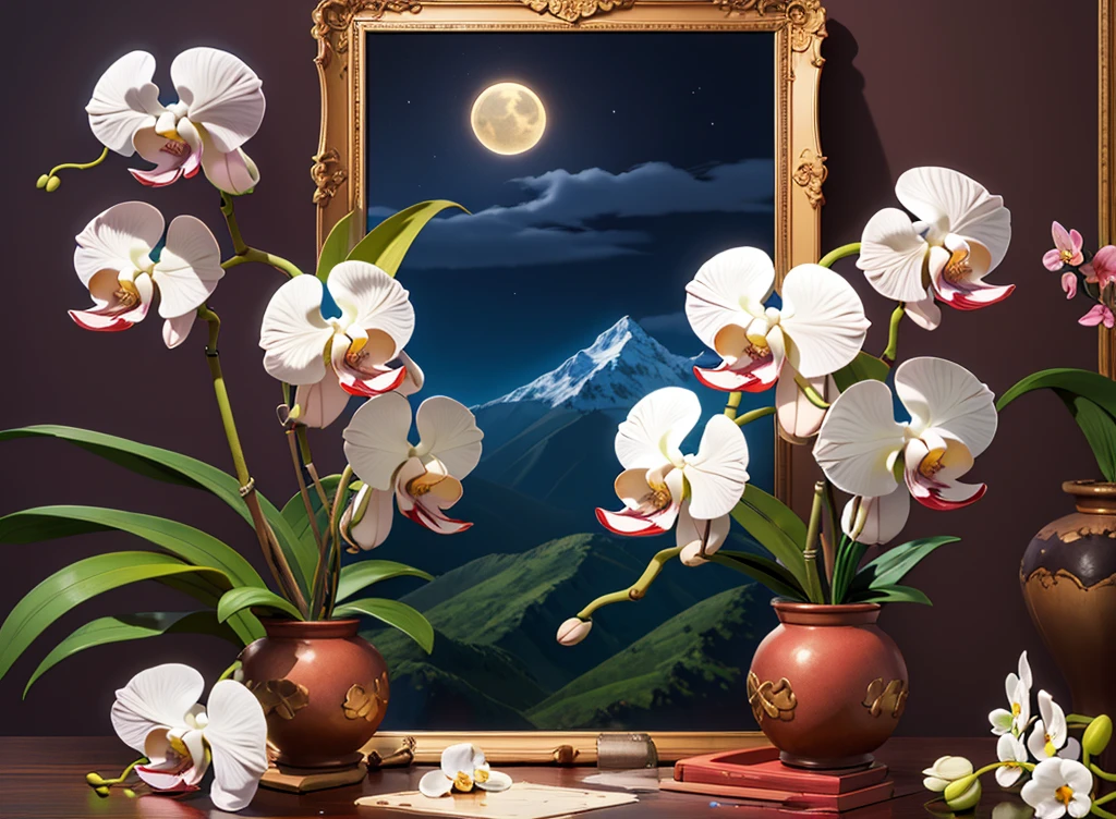 white orquídea、orquídea、Estilo de pintura、óleo、plano de fundo montanha à luz da noite