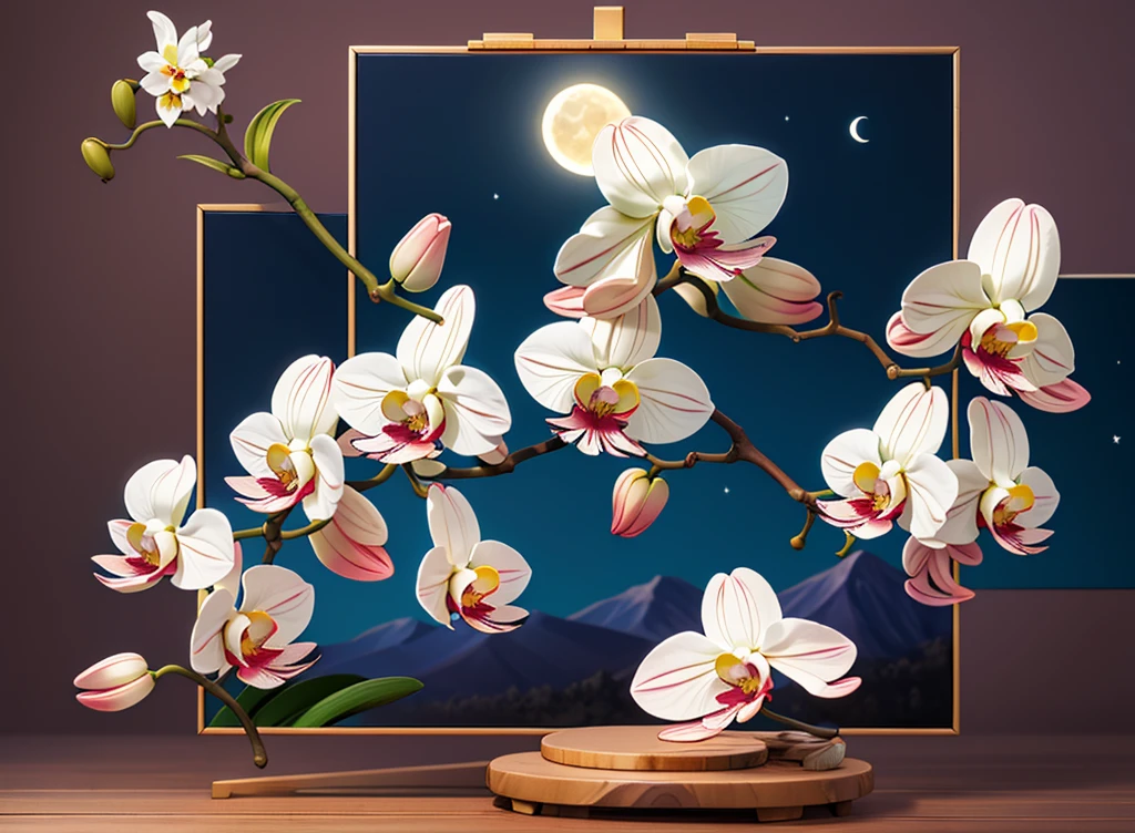white orquídea、orquídea、Estilo de pintura、óleo、plano de fundo montanha à luz da noite