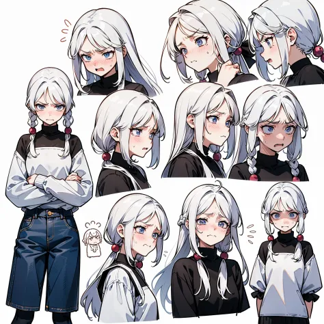 21 years old, white hair girl, armpit length hair (((Whimpering,Embarrassed face, excited face, angry face))) Jeans and tight top, ((Odango hairstyle)) (((Detailed Character Sheet, Front view, Side view, three quarter view))) (((white background)))