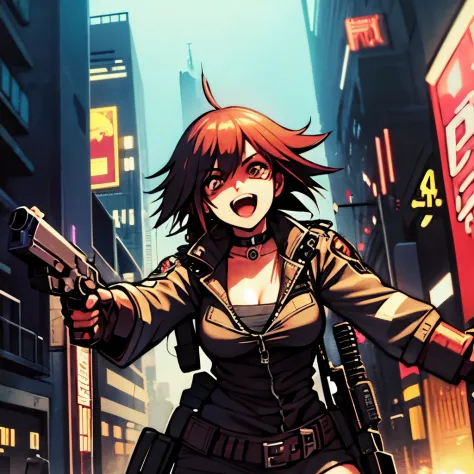Cyberpunk girl in a gun fighting having the time of her life