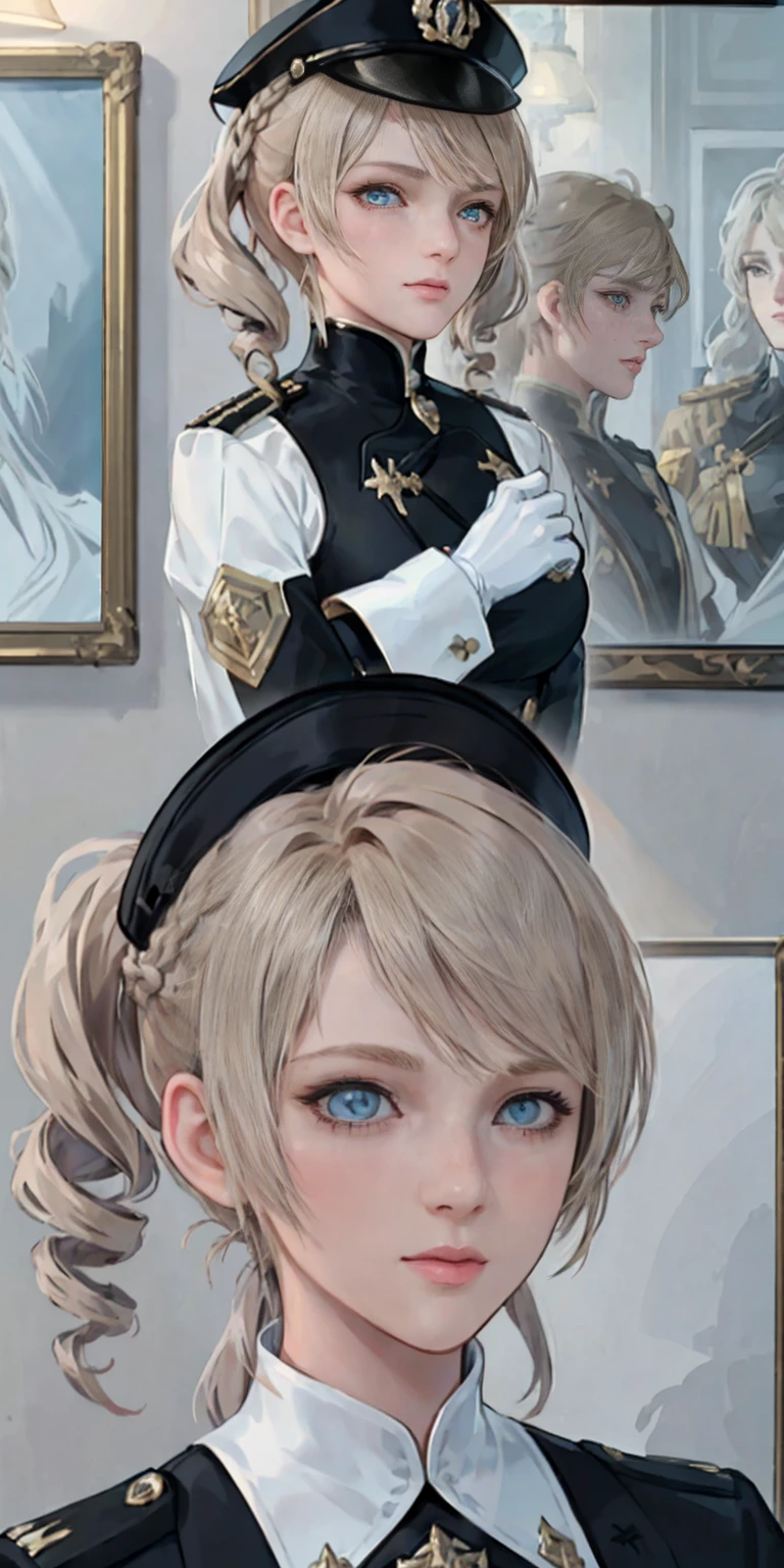 Best image quality, 4k, masterpiece, male, short hair, beautiful mature gentleness, light brown hair, light blue eyes, sharp eyes looking at the camera, face focus, delicate facial features, black uniform, white gloves hat, arms holding, artistic lighting, portraiture, face magnification, [elegant demeanor, dignified atmosphere and excellent posture that catches the eye + beautiful face + portrait painting effect]. big breast, holding her own ass, nice ass, blonde long messy hair, twin pigtail, twin drill
