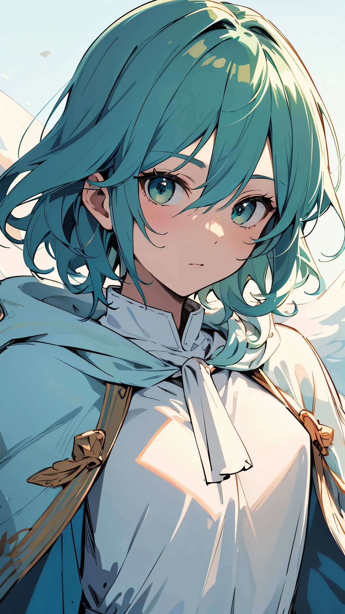 [[[ ultra-detailed, best quality, soft skin, beautiful, 4K]]], (masterpiece 2.1) portrait, close-up, pov, green viridian eyes, light blue hair with shades of blue, medium hair, white mage cloak, slim body,