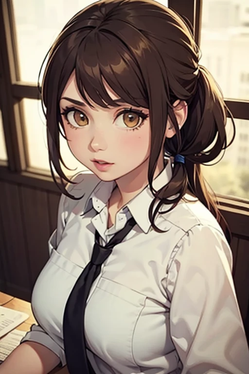 (giant girl, white skin, curvy sexy body, long hair, brown hair, ponytails, secretary uniform, erotic, sexy pose, cheerful, danganronpa style), (best quality, ultra-detailed, realistic:1.37), (illustration, vibrant colors, portraits), (warm color tones, soft lighting)