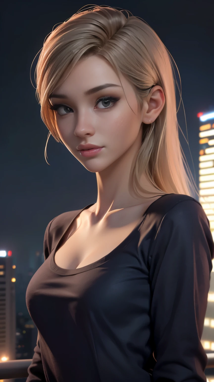 photo of Bebahan, RAW, beautiful woman, ((portrait)), ((detailed face:1.2)), ((detailed facial feature, detailed skin, clear skin), (perfect proportioned body), (wearing an small low cut long sleeve shirt) (high detailed city environment, apartment balcony), (realistic photo, best quality, detailed), (8k wallpaper), (cinematic lighting, dramatic lighting) (sharp focus, intricate)