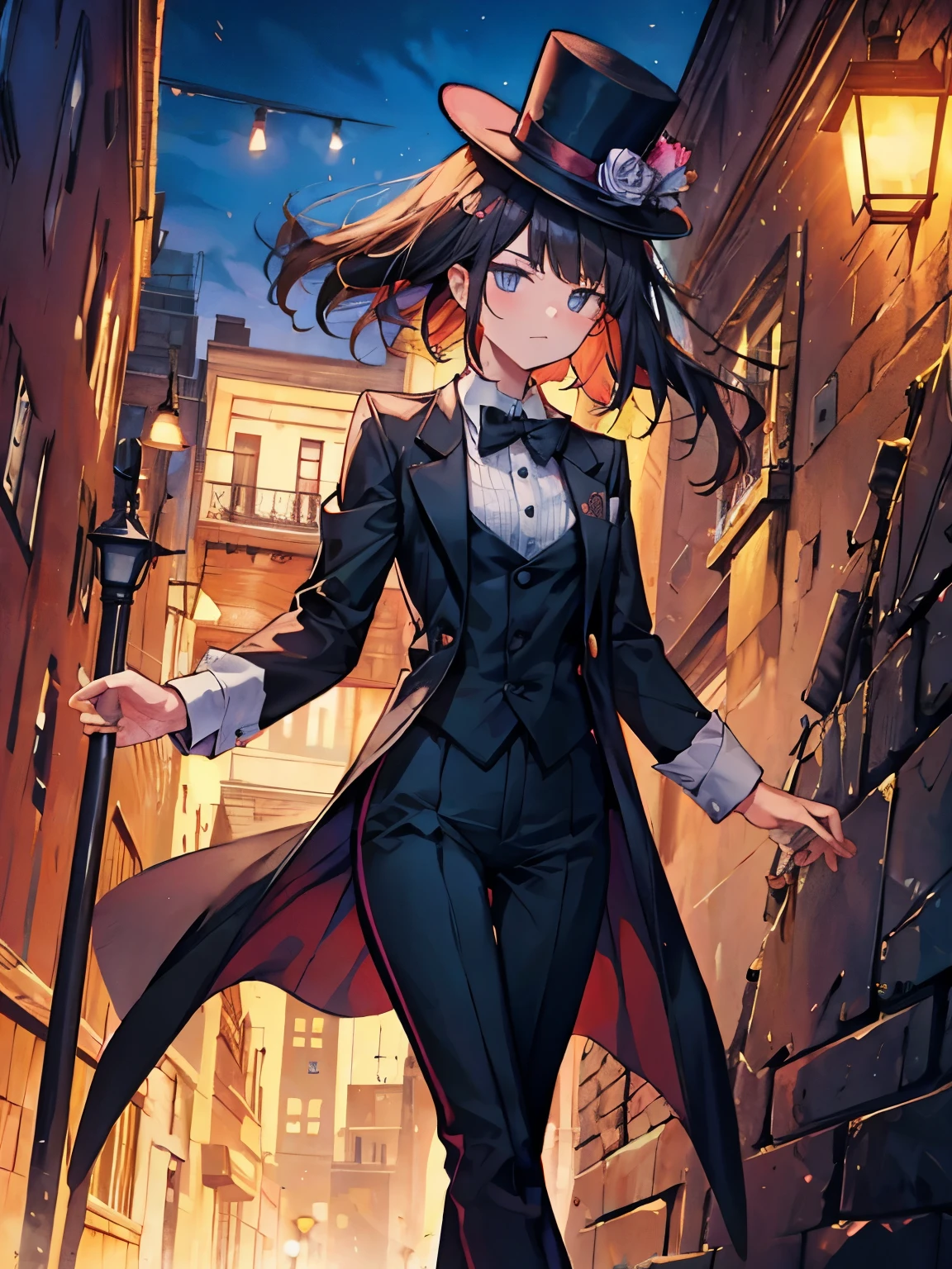 black suit，Top hat，walking stick，woman