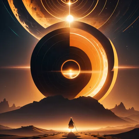 un primer plano de una imagen circular de un desierto con un sol, obra de arte sobre un camino a , symmetrical fantasy landscape...