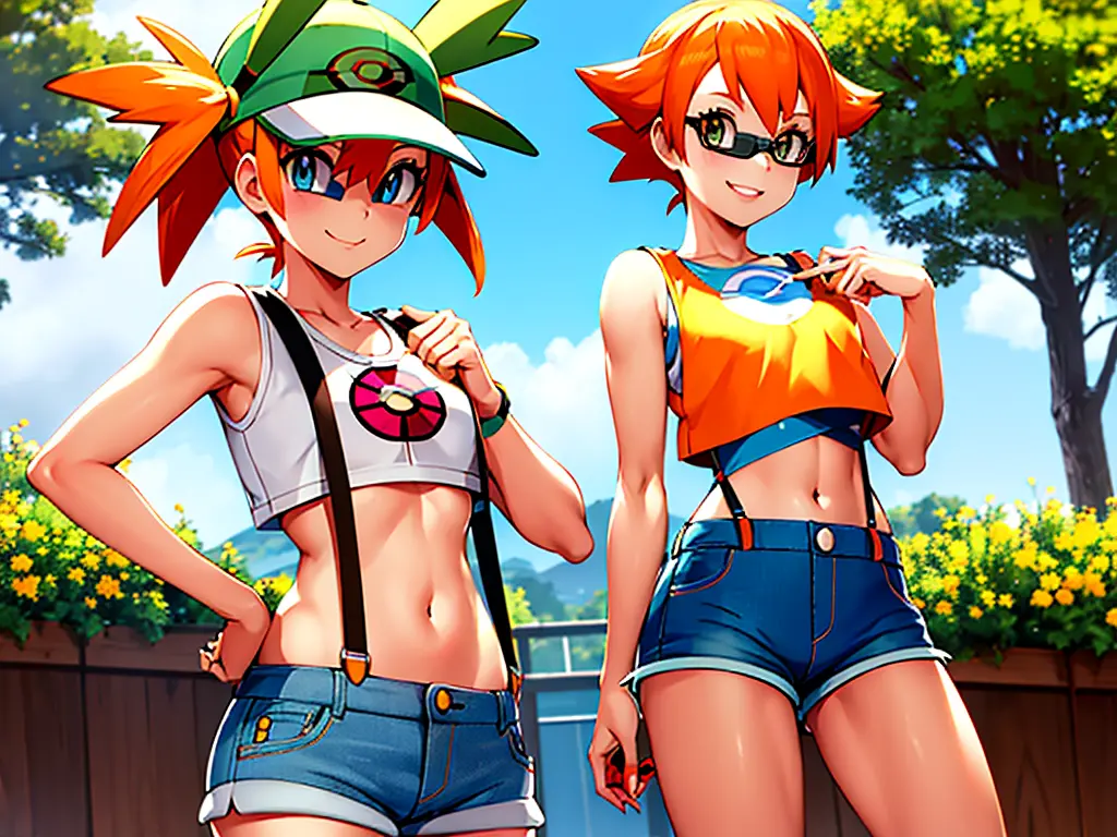 masterpiece, best quality, highres, 1girl, misty (pokemon), orange hair, solo, shorts, suspenders, side ponytail, orange hair, m...