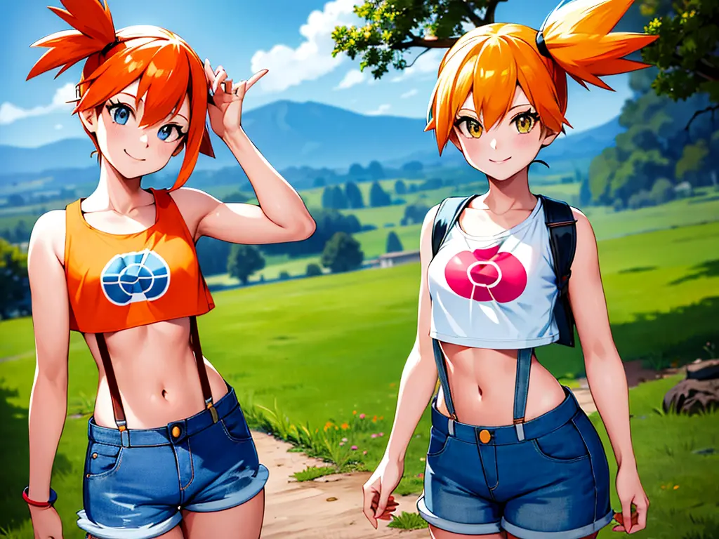 masterpiece, best quality, highres, 1girl, misty (pokemon), orange hair, solo, shorts, suspenders, side ponytail, orange hair, m...