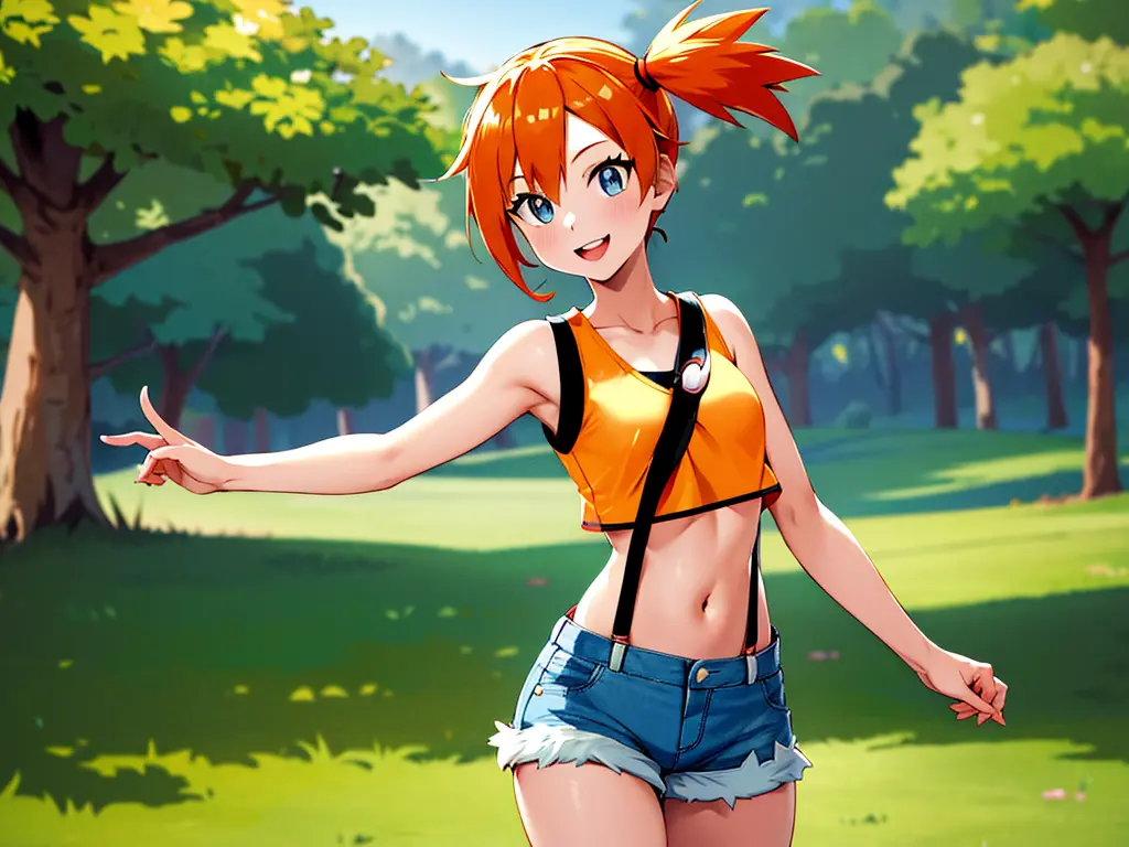 masterpiece, best quality, highres, 1girl, misty (pokemon), orange hair, solo, shorts, suspenders, side ponytail, orange hair, m...