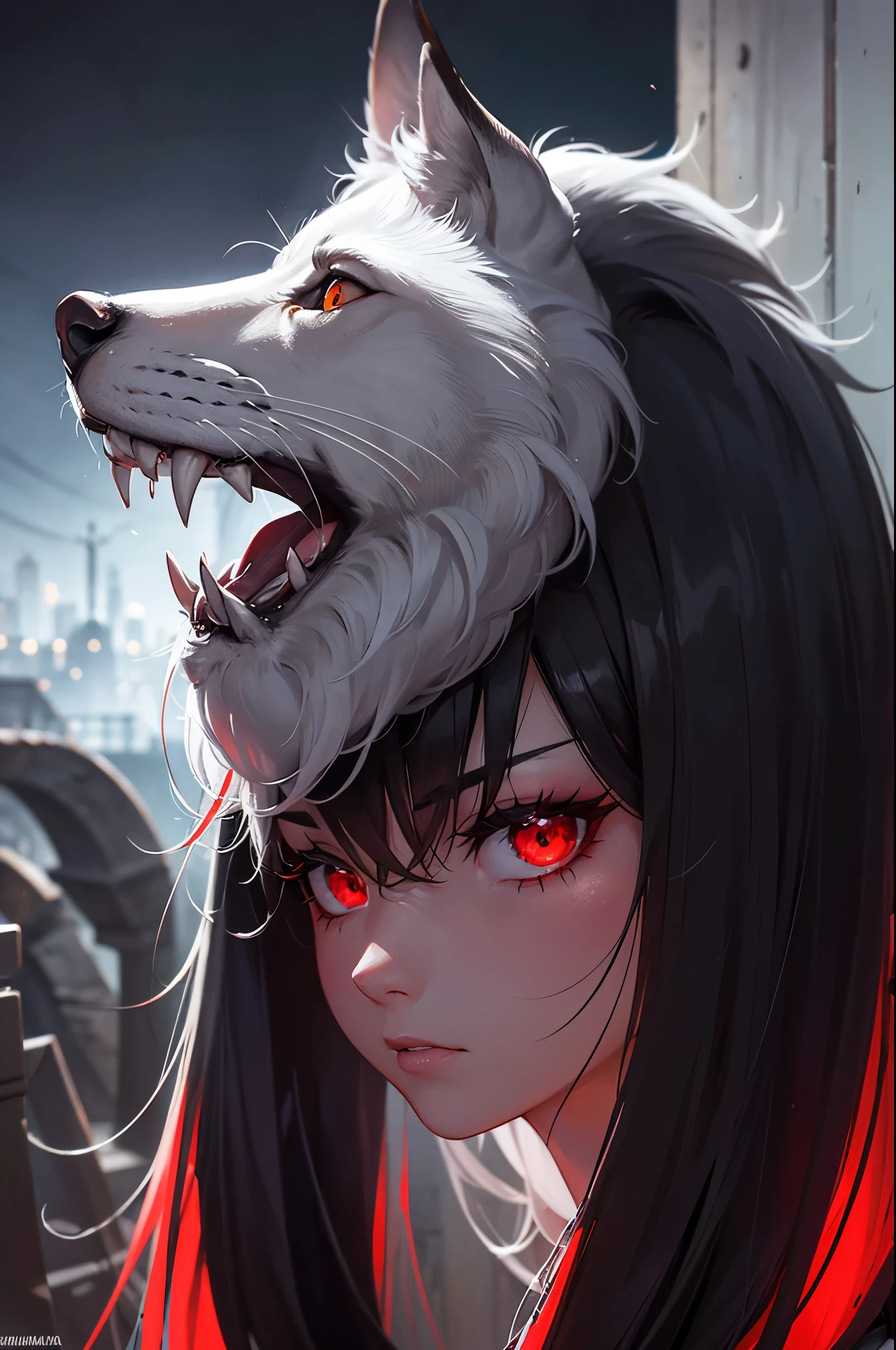 Chica anime con cabeza de lobo y ojos rojos - SeaArt AI